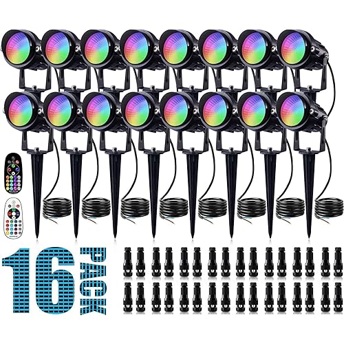 SUNVIE Hallowe RGB Low Voltage Landscape Lights 12W LED Color Changing Landscape Lights Remote Control Waterproof Christmas Spotlights Outdoor Landscape Lighting for Yard Garden 16 Pack with Connector