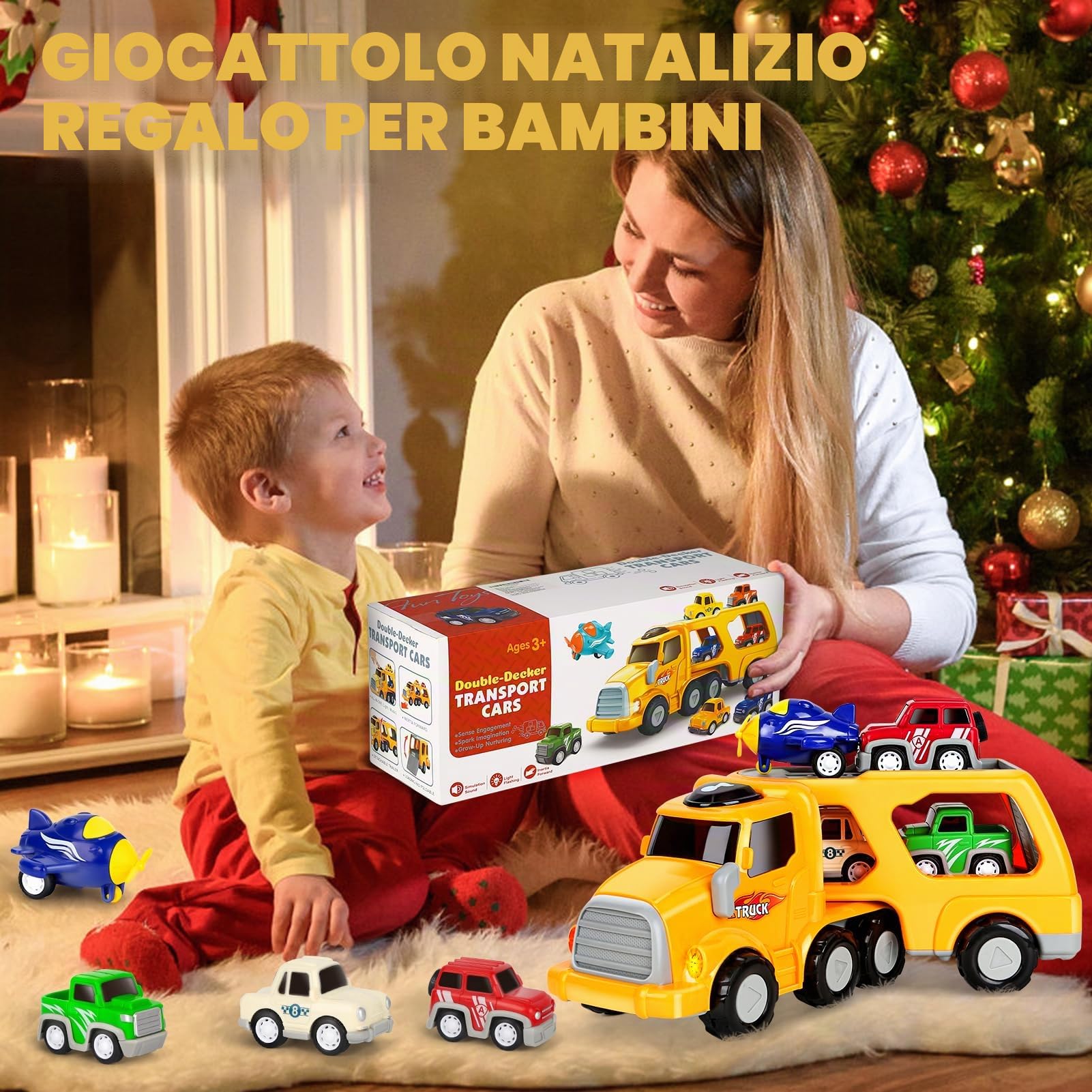 Aoskie Camion Macchinine 2 3 4 Anni, 5 in 1 con Suoni e Luci, 4 Mini Cars, Giocattolo Regalo per Bambino