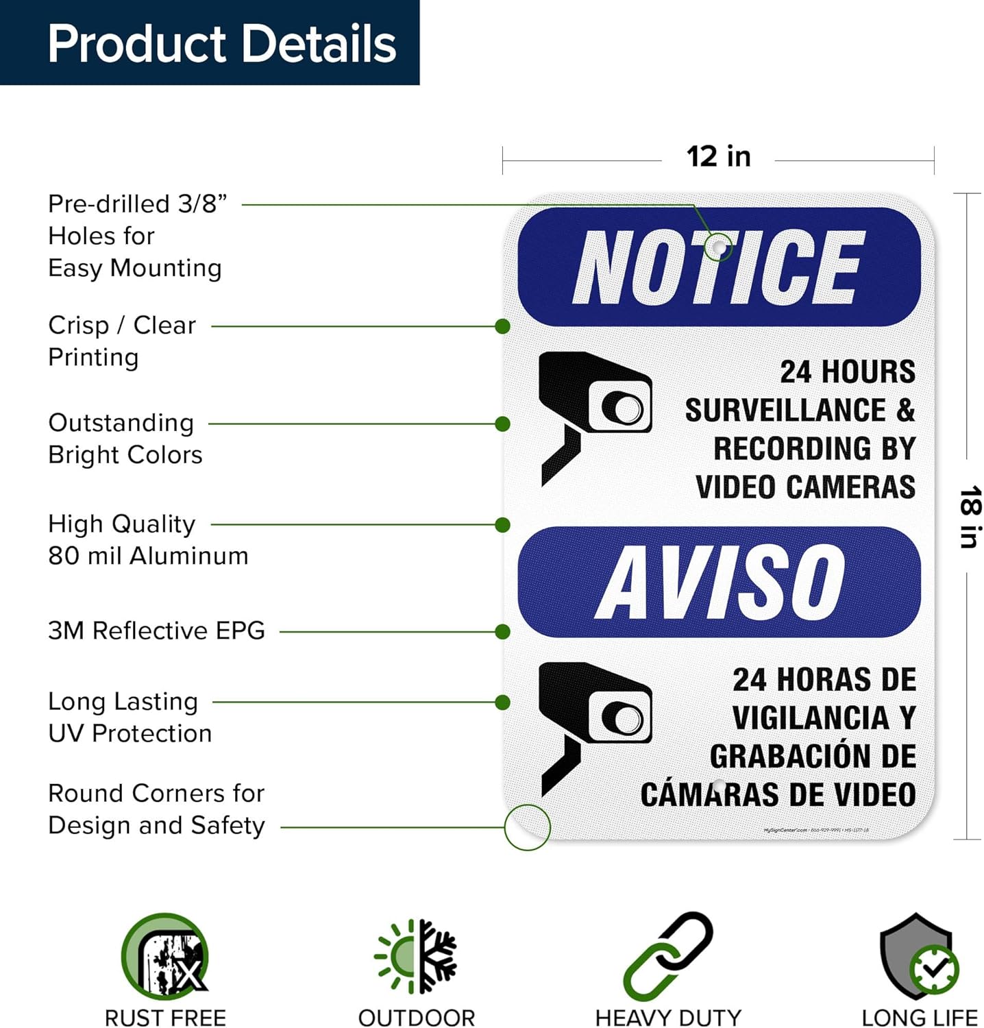 24 Hours Surveillance & Recording By Video Cameras Sign, 12"x18" Aluminum Reflective, Indoor/Outdoor Use, USA MADE By My Sign Center