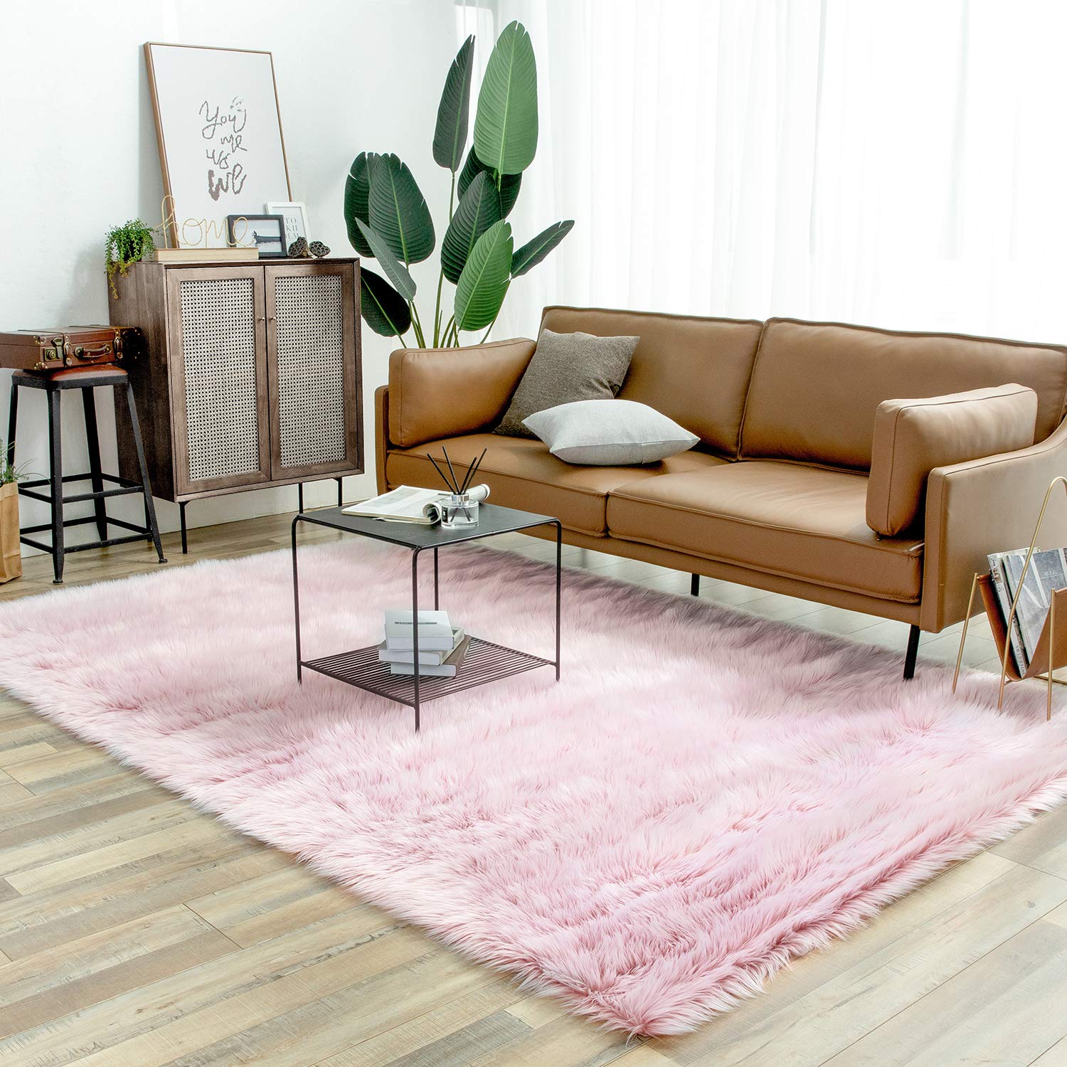 Ashler Faux Fur Rug, Fluffy Shaggy Area Rug Ultra Soft 6 x 9 Feet Rectangle Fur Rug Frosted Bottom Pink Fuzzy Rug Machine Washable Shag Rug, Nursery