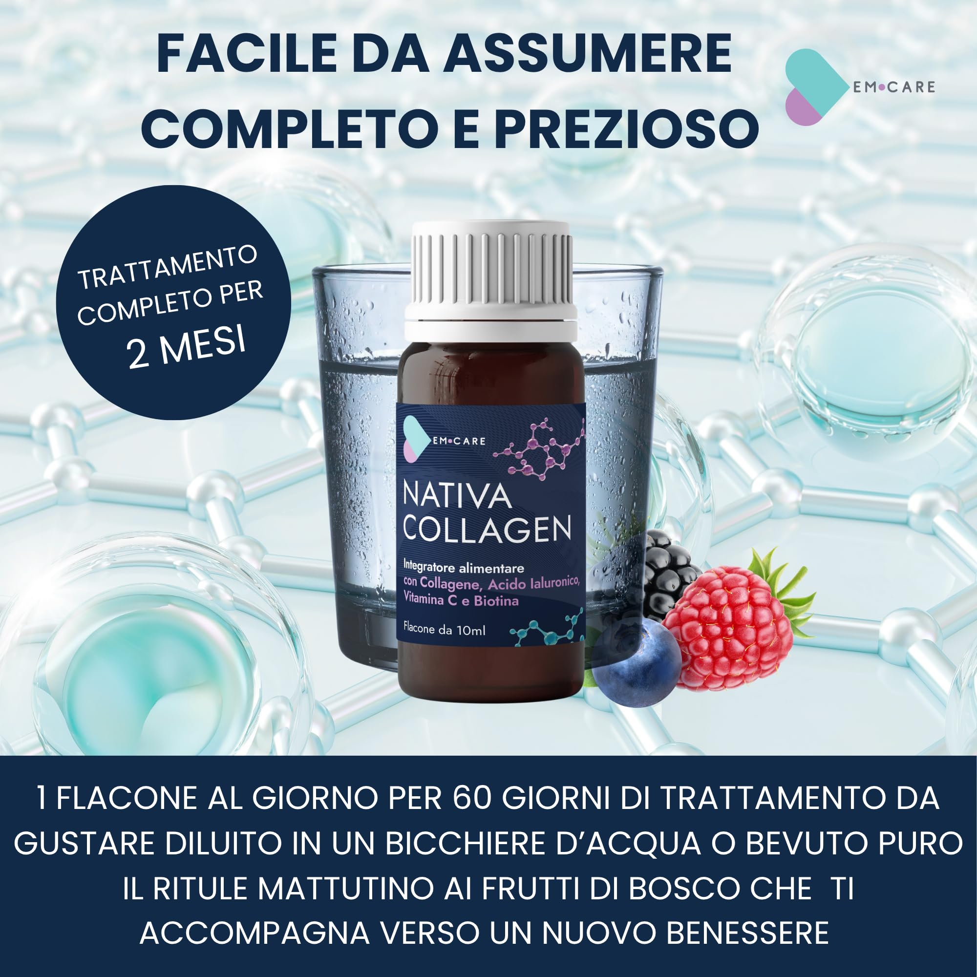 EM CARE Collagene da Bere 5000 mg, 60 Flaconi (2 Mesi) | Collagene Marino Idrolizzato, Con Acido Ialuronico, Vitamina C, Biotina e Zinco, Per Pelle, Capelli, Unghie e Articolazioni