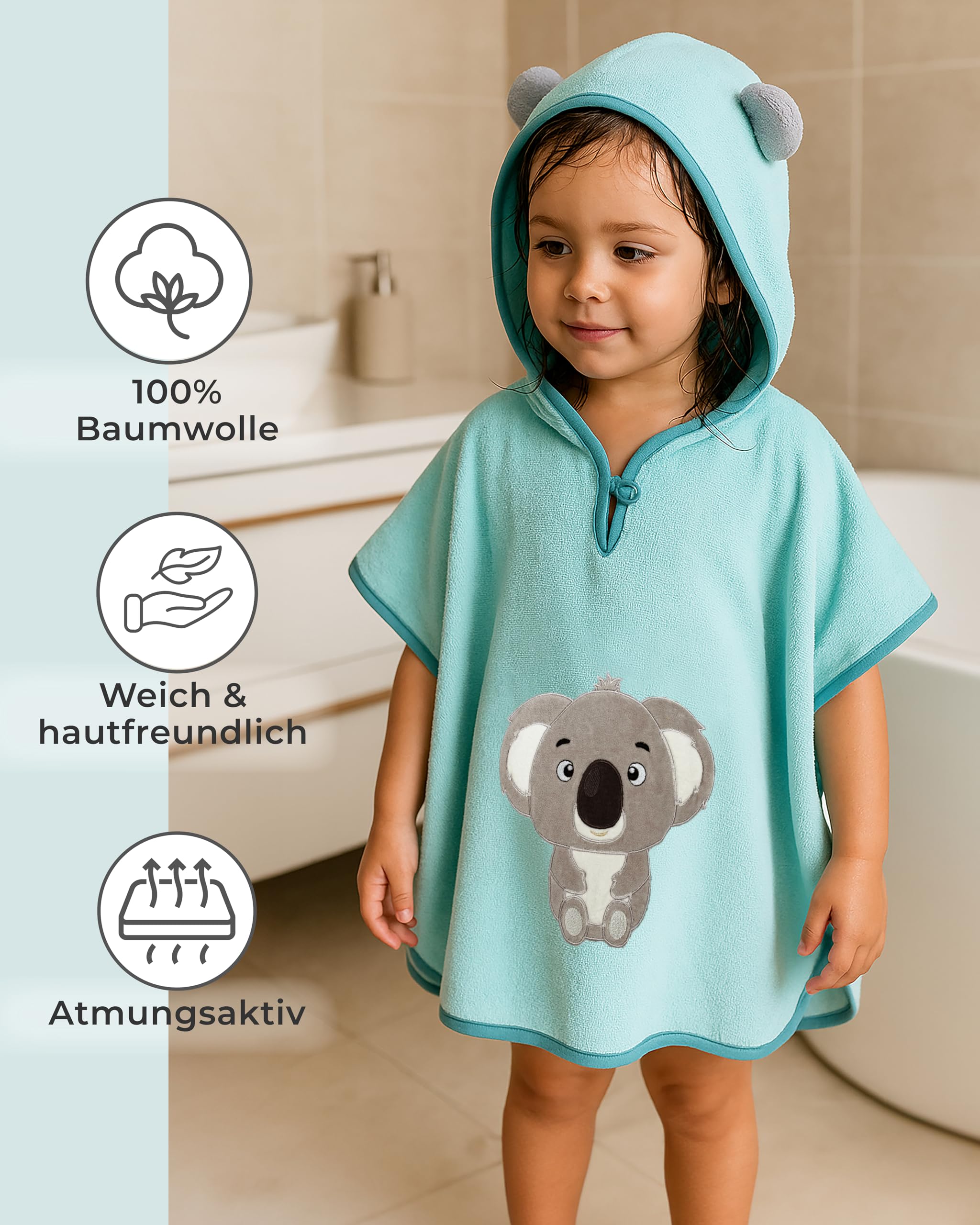 LAYNENBURG Ponczo kąpielowe premium dla dzieci z kapturem – 100% bawełna – Öko-Tex – dla chłopców i dziewczynek, ponczo frotte, Jasnoniebieski - Koala, 3-5 lat