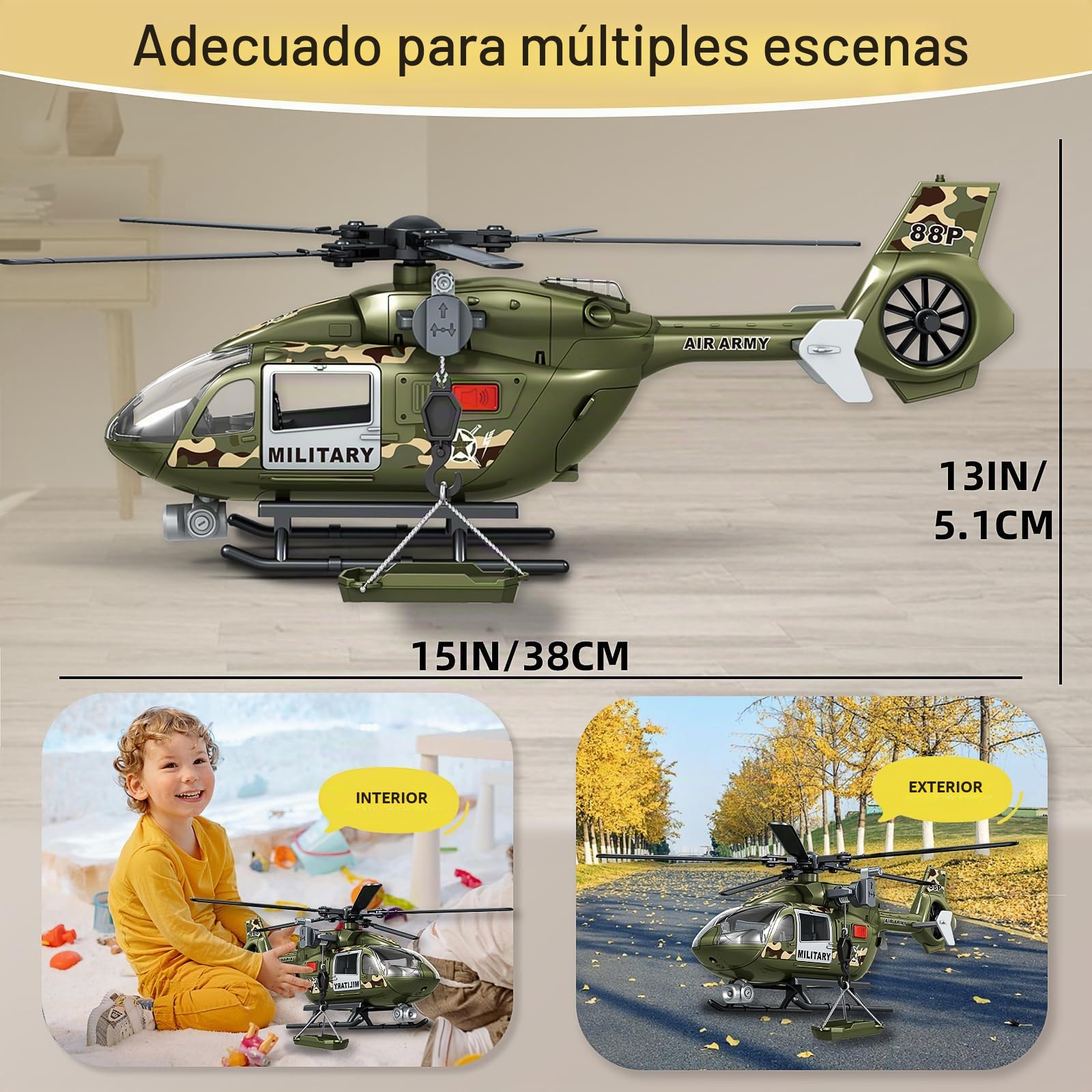 Juguete militar verde con helicóptero grande, juguete del ejército con luces y sonidos, regalo de cumpleaños para niños y niñas de 3 4 5 6 años