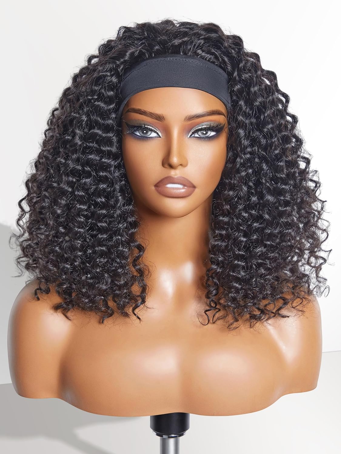 LUVME HAIR Deep Wave Headband Wig Human Hair Throw On & Go No Lace Glueless Human Hair Wigs with Adjustable Headband Beginners Friendly (16 Inch & Natural Black)