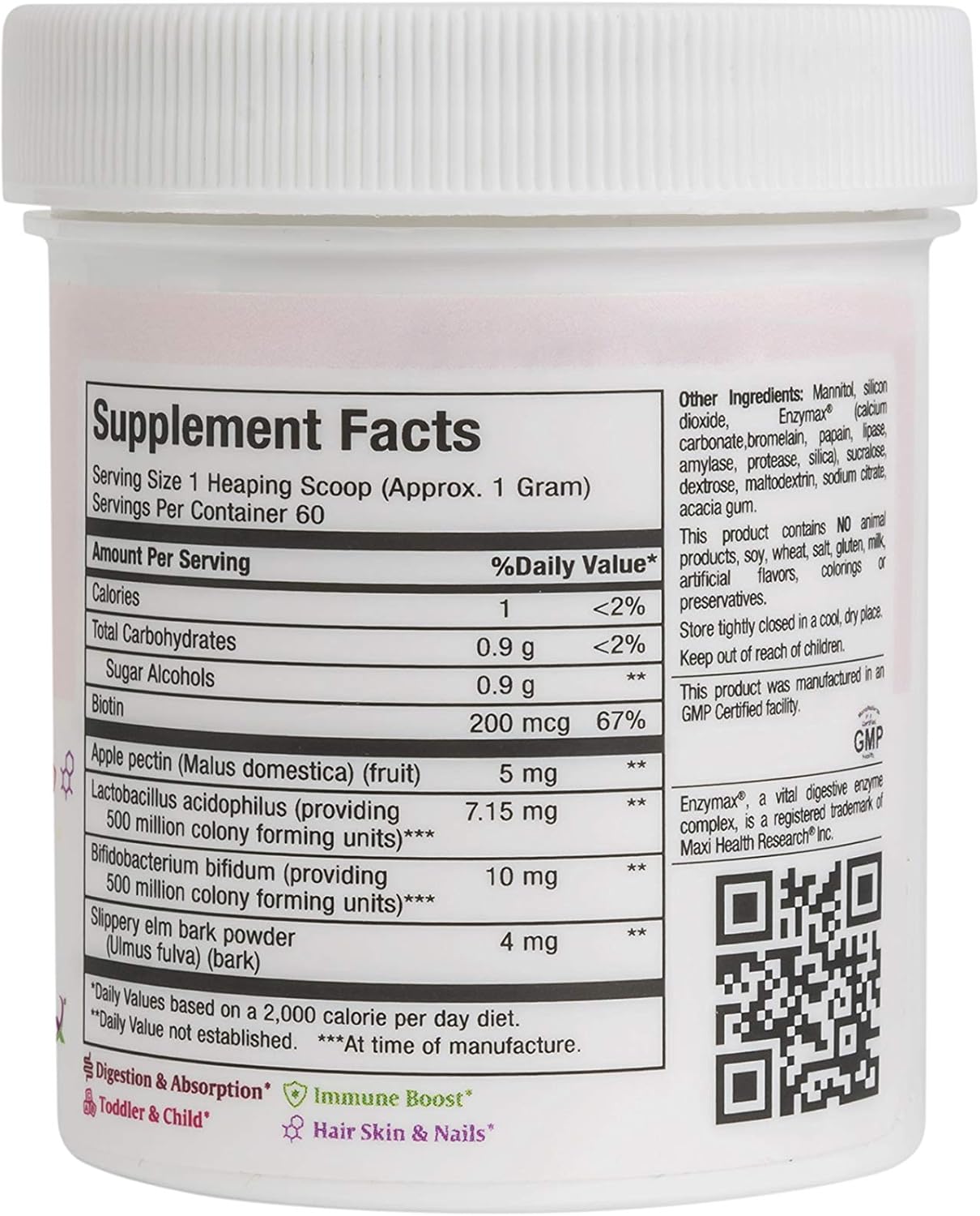 Probiotic Powder – Acidophilus & Bifidobacterium with Apple Pectin, Slippery Elm Bark & Biotin – Digestive & Immune Support, Gut Health, Hair Skin & Nails, Kids & Adults – Kosher, 2 oz (60 Servings)