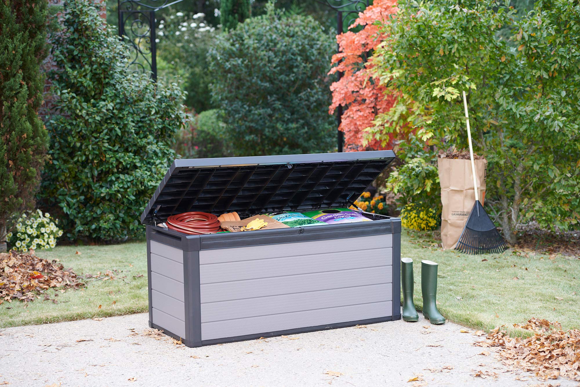 Ondis24 Keter Kissenbox Gartenbox XXL wasserdicht (570 Liter), Outdoor Auflagenbox, Premier Box, Sitztruhe, Kissentruhe Garten, Sitzbank