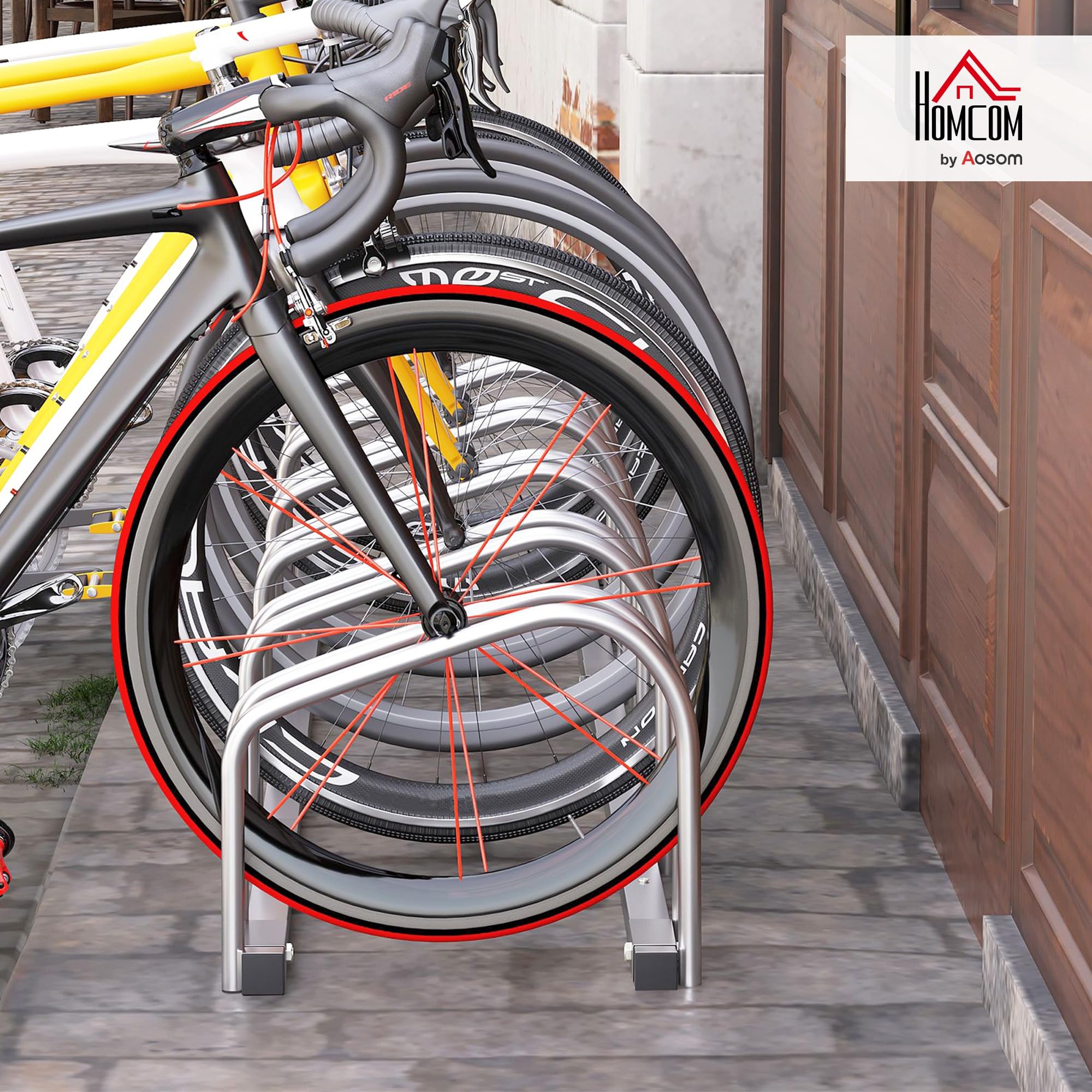 HOMCOM Rastrelliera Biciclette da Pavimento o Parete, Portabici da Terra per 6 Biciclette in Acciaio, Ruote Fino 65 mm, 179x33x27 cm, Argento