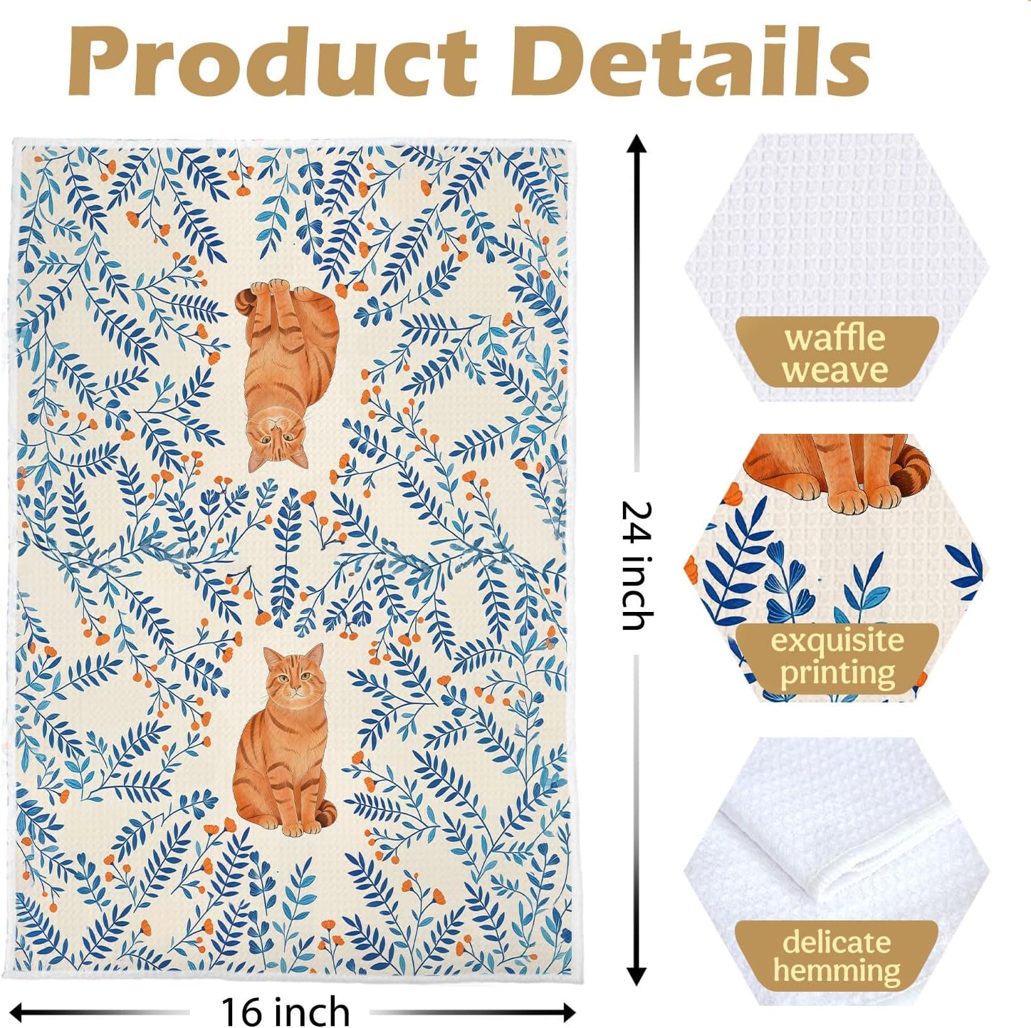 Orange Cat Kitche Towels - Botanical Orange Cat Gift Decorative Waffle Dish Towels, Cats Lover Gifts Hand Towel, Blue and White Floral Tea Towel, 16x24 Inchs