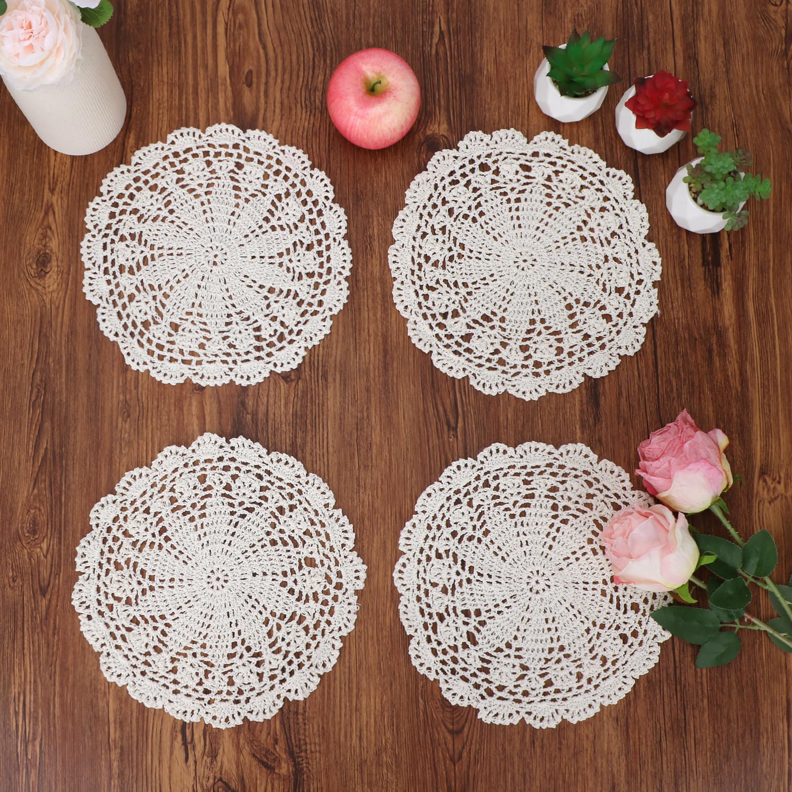 kilofly Crochet Cotton Lace Table Placemats Doilies Value Pack, 4pc, Beige, 10 inch