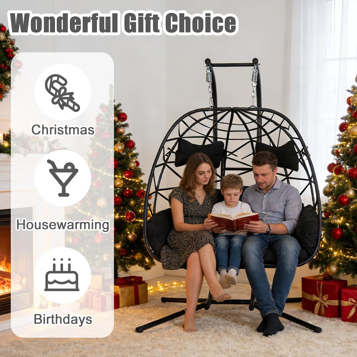 Double Egg-Shaped Hammock Chair with Stand Swing Egg Chair, Wicker Hanging Chair with Washable Cushion Sturdy Metal Stand, 600lbs Capacity for Indoor Outdoor Patio Living Room Etc(Black+Black)