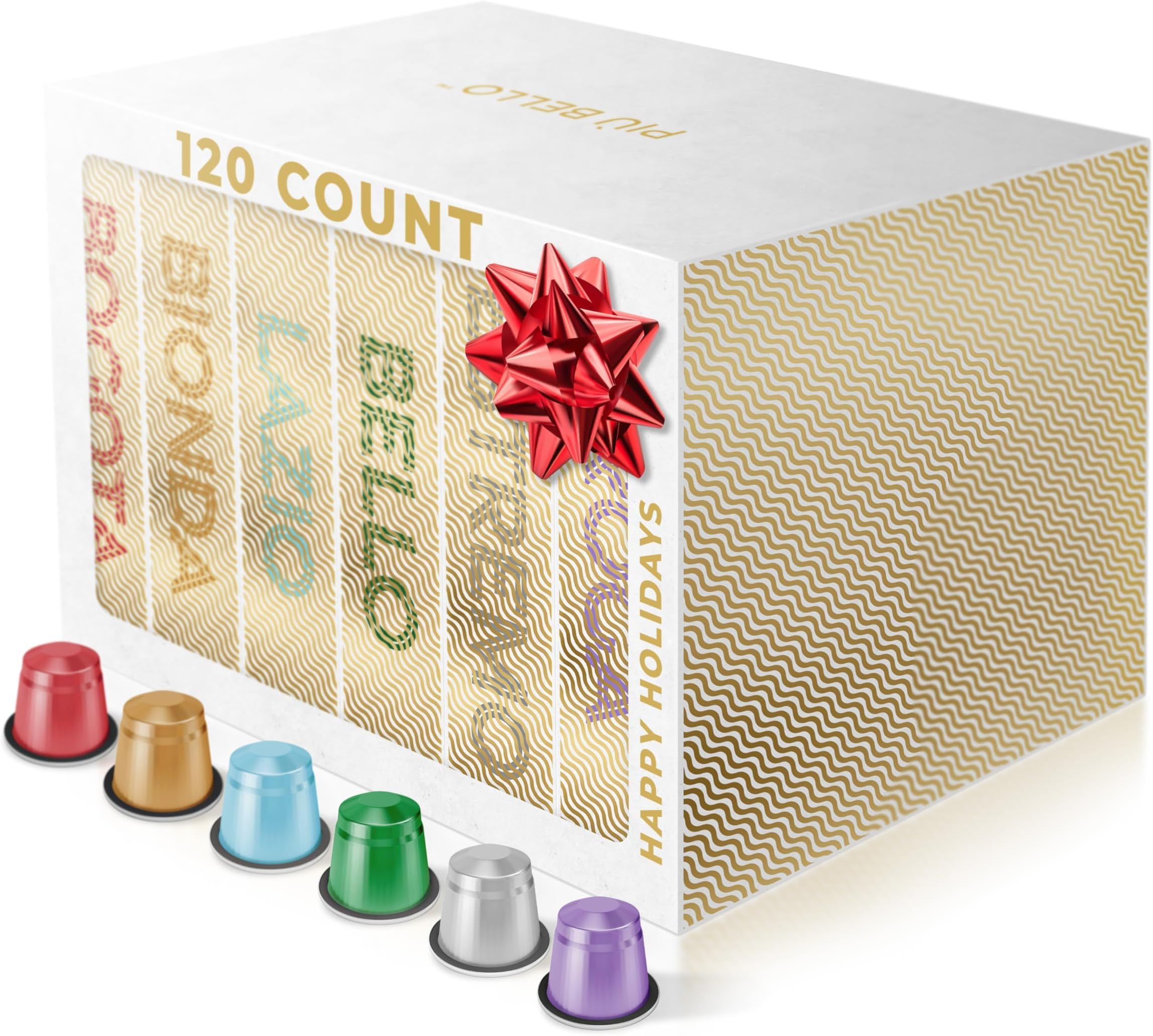 Piu Bello Espresso Coffee Pods – Variety Pack for Nespresso Original Machines – Light Roast, Dark Roast, Chocolate, Nutty, Caramel – Kosher, Rich & Balanced (120 Count, 6 Flavors)