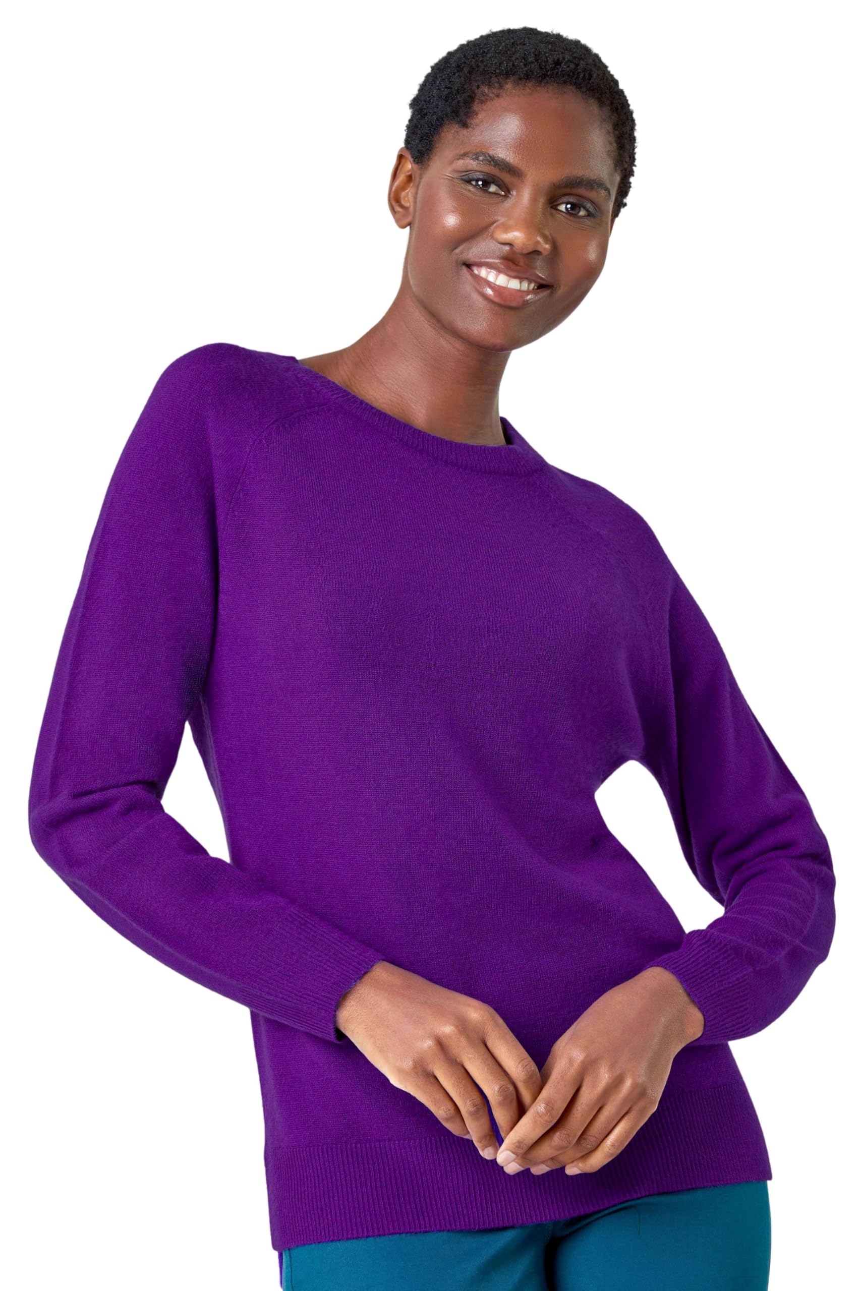 Roman Originals Women's Purple Soft Jumper For Uk Winter Autumn Sweater Knit Knitwear Round Crew Neck Top Plain Lightweight Comfy Long Sleeve Split Hem Everyday Daywear - Size 18