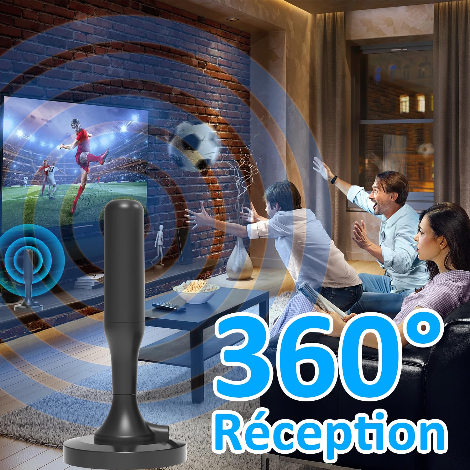 Antenne TV Intérieur Puissante, TNT HD 4K 1080P, Réception 360° Longue Portée 500km, Câble Coaxial 3m