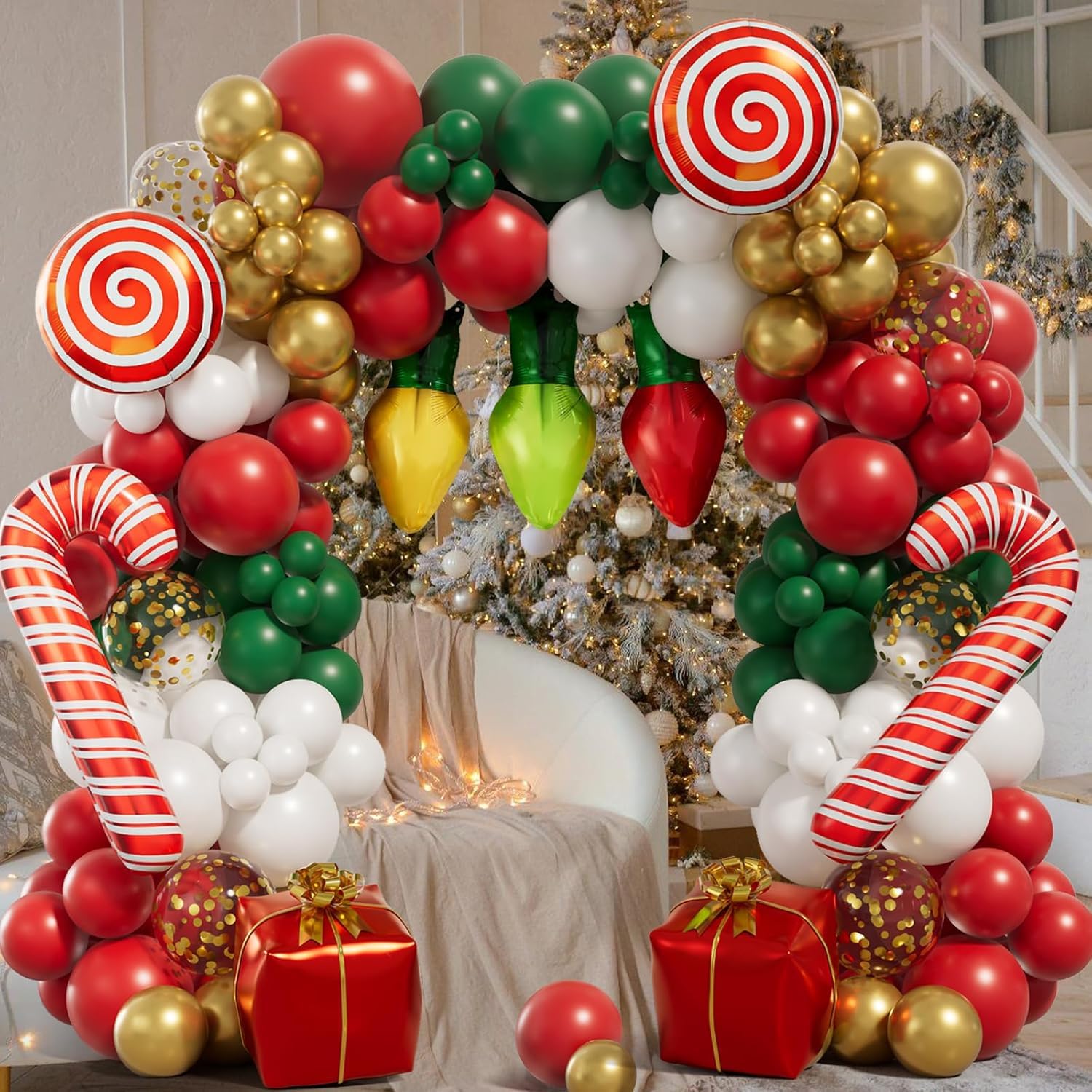 153PCS Christmas Balloon Garland Arch kit with Red Green White Candy Cane Xmas Gift Box Foil Red Cane Balloons for Christmas Party Decorations - Image 2