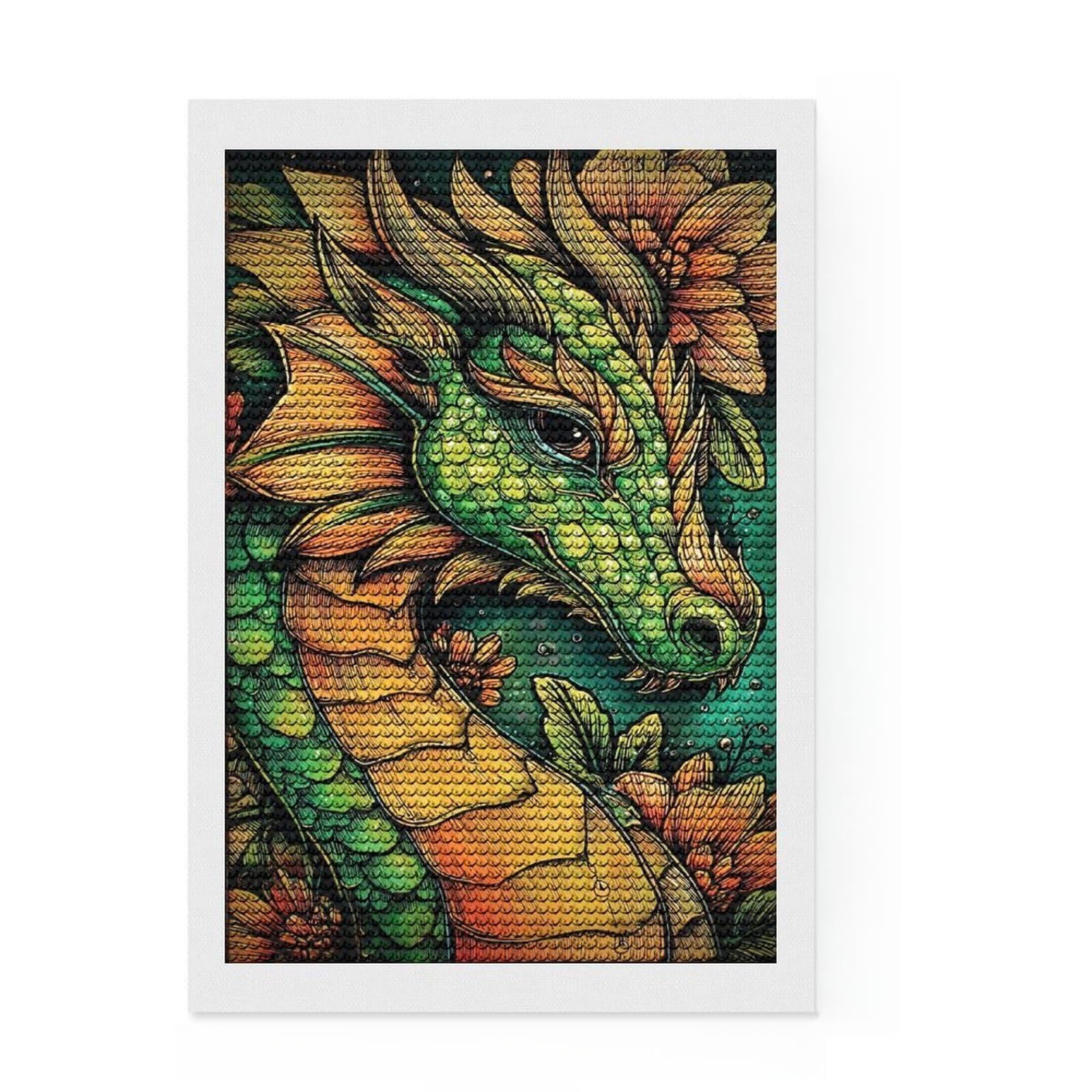 Junmoney Dragon's Floral Embrace -1 Crystal Diamond Art Kit 8"x12", Festive Craft Gift, Aesthetic Room Decor, with Tool Kit, Creative Gift Idea