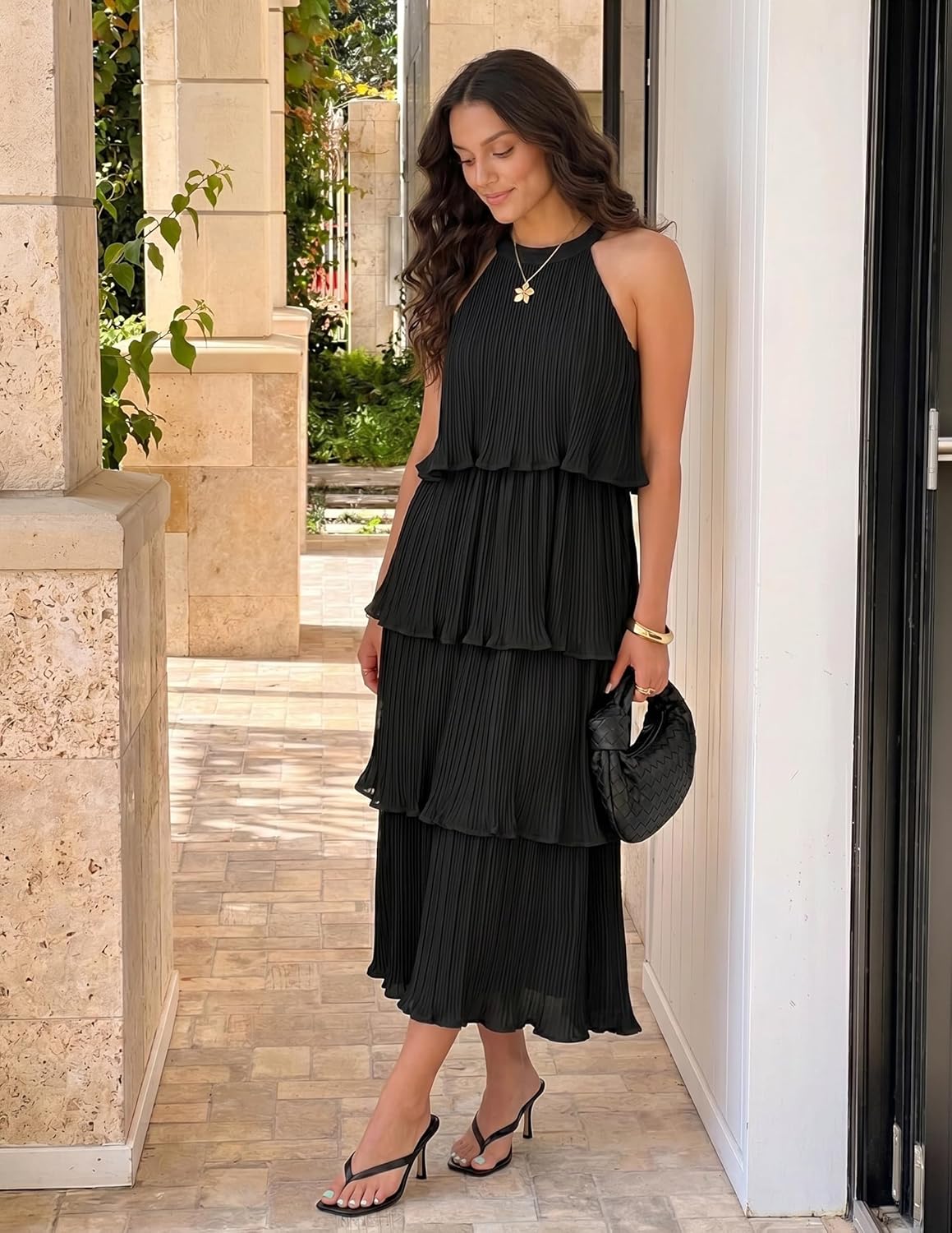 ZESICA Women's 2026 Summer Sleeveless Halter Neck Ruffle Tiered Layed Chiffon Flowy Swing Long Midi Dress