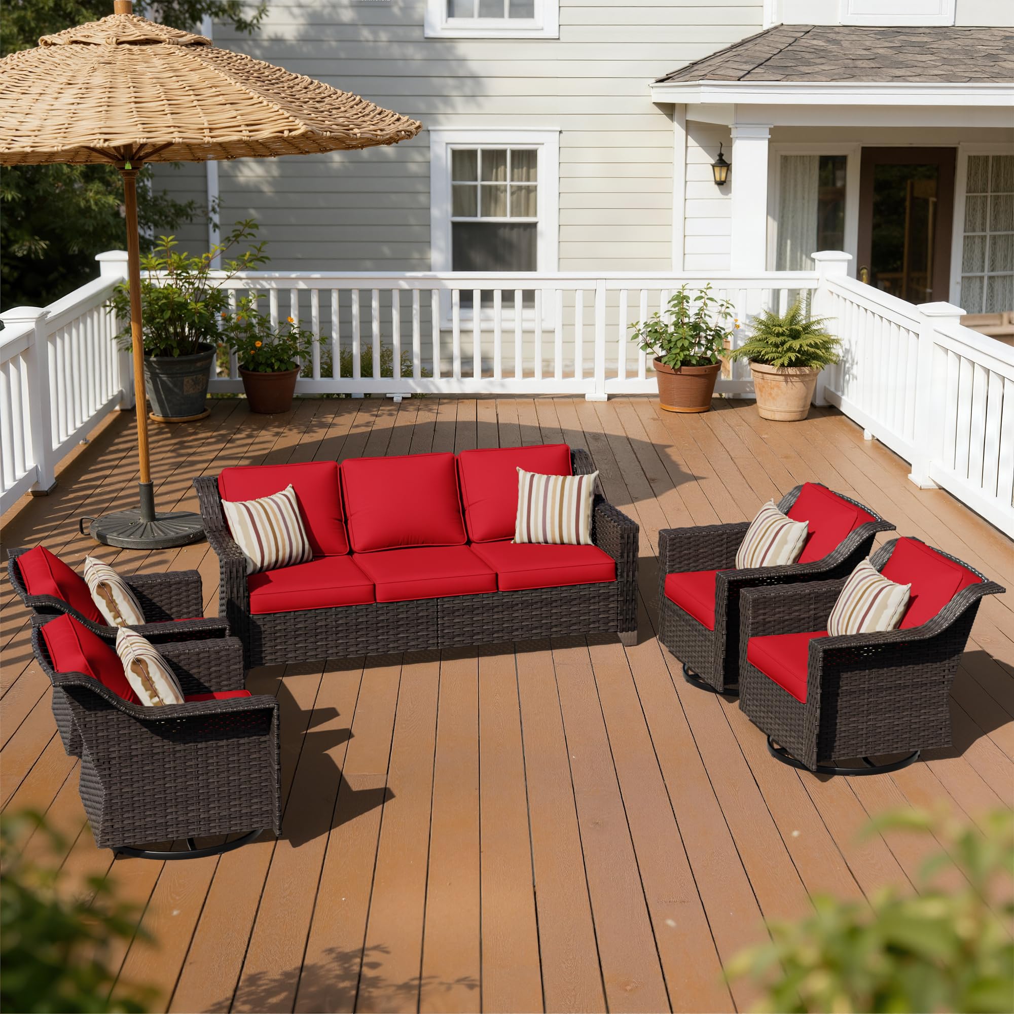 5 Pieces Patio Conversation Furniture Set - 1 Sofa, 4 Swivel Chairs, Outdoor Wicker Furniture with Removable Cushions for Porch, Balcony, Sunroom (Red)