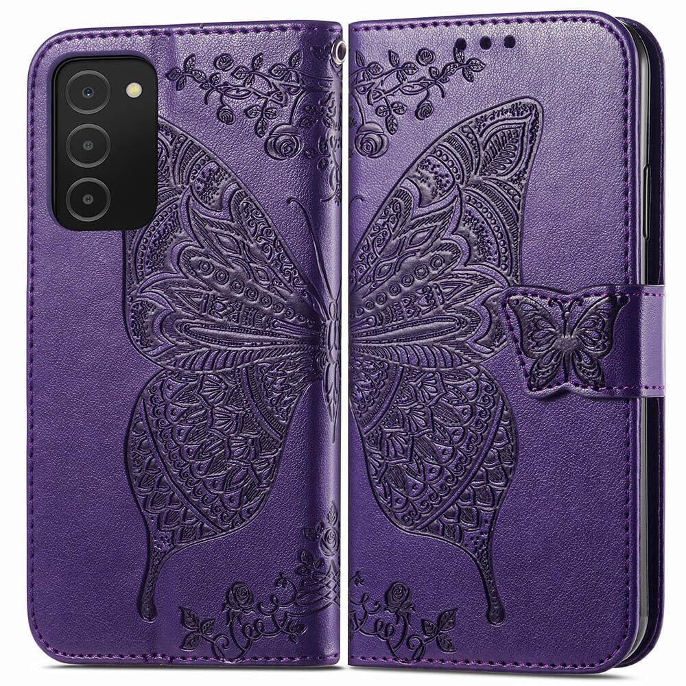 KRHGEIK Samsung Galaxy A03S Cellular Phone Case, Butterfly Embossed PU Leather Flip Folio Cover, Card Holder, Stand with Wrist Strap (Purple)