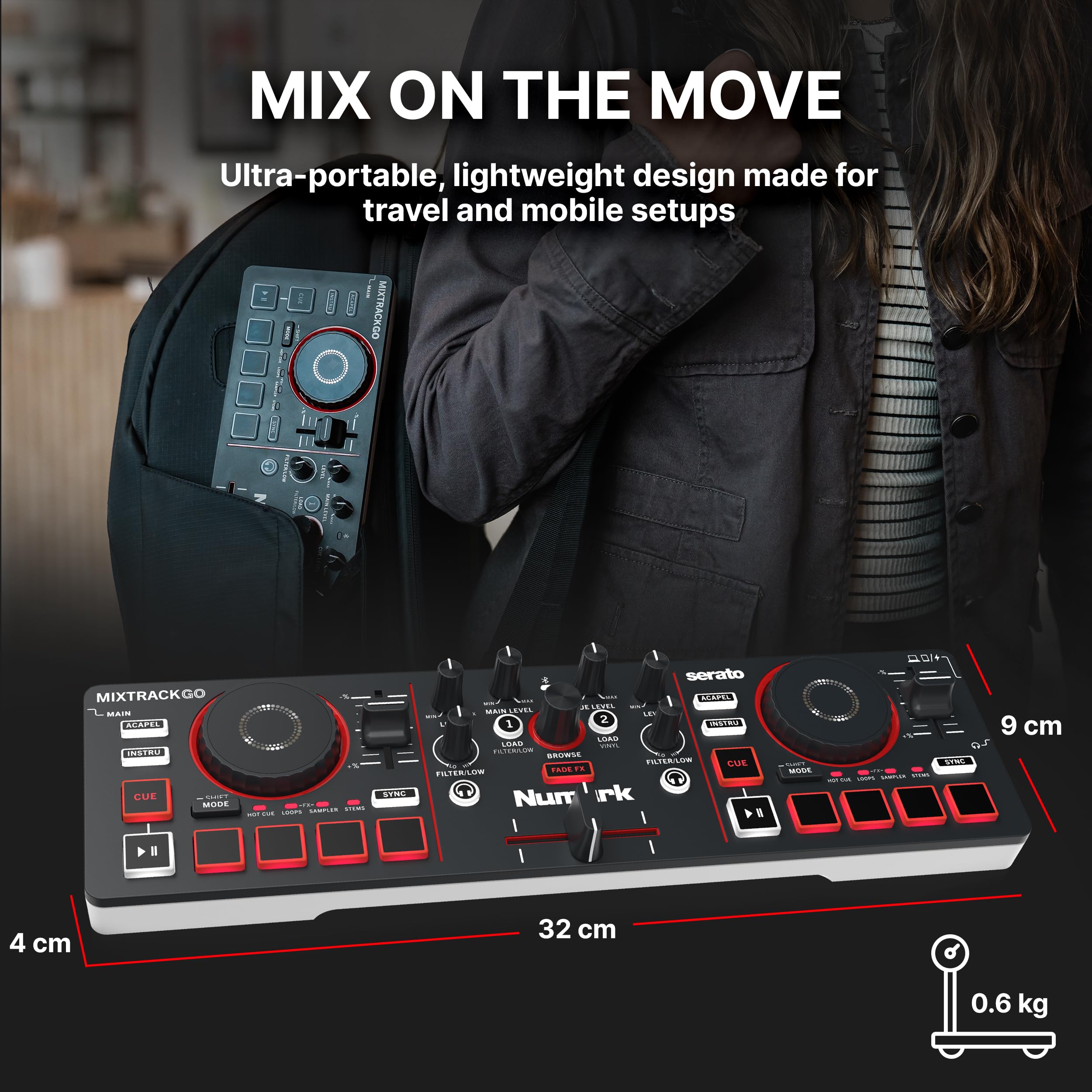 Numark MixTrack Go Kompaktowy Kontroler DJ Bluetooth z Funkcją Stems | 2-Deck Mikser DJ dla Początkujących i Mobilnych, Smart Fader, Beat Assist, USB-C, Serato DJ Lite & Algoriddim djay, Gen 4