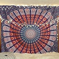 Vista 24 de Bless International - Tapiz de cama para colgar en la pared con mandala de pavo real bohemio y psicodélico (azul dorado, rosa, tamaño Queen