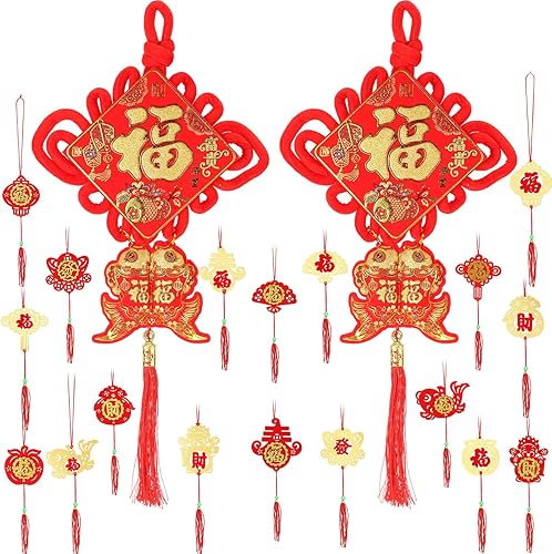 Tatuo 36 piezas de decoración de año nuevo chino, cordón de nudo chino rojo con carácter chino Fu 3D, dije de pez doble, borla, adorno colgante de