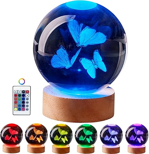Miniatura 9 de Lámpara de bola de cristal de galaxia 3D, luz nocturna de bola de cristal K9 de 3.15 pulgadas con base de madera, luz cambiante de 16 colores con