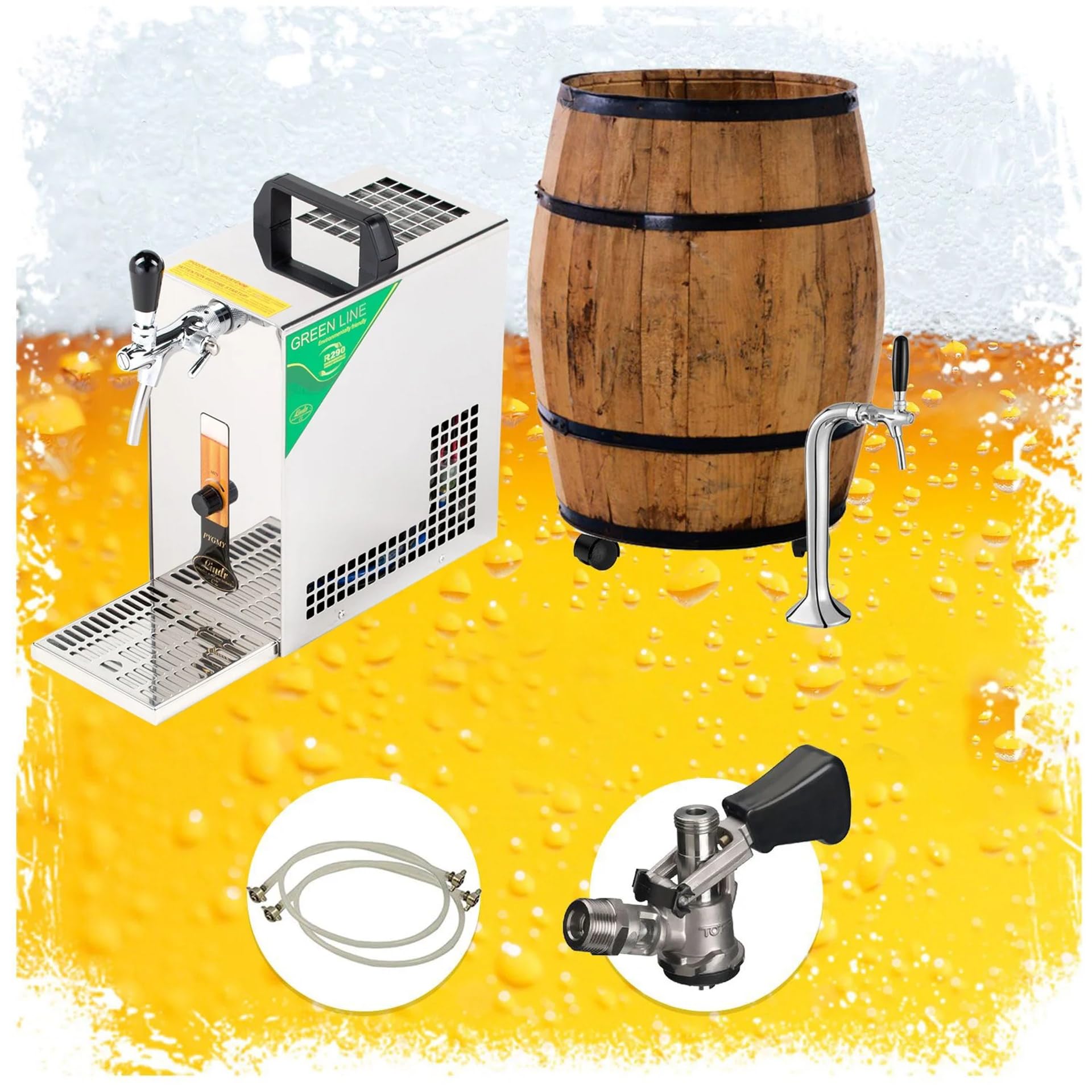 Kit completo de sistema de tiro de cerveza, barra móvil Barrique con enfriador Pygmy 25/K, bomba de membrana, grifo y columna cromados, 230V, tipo S