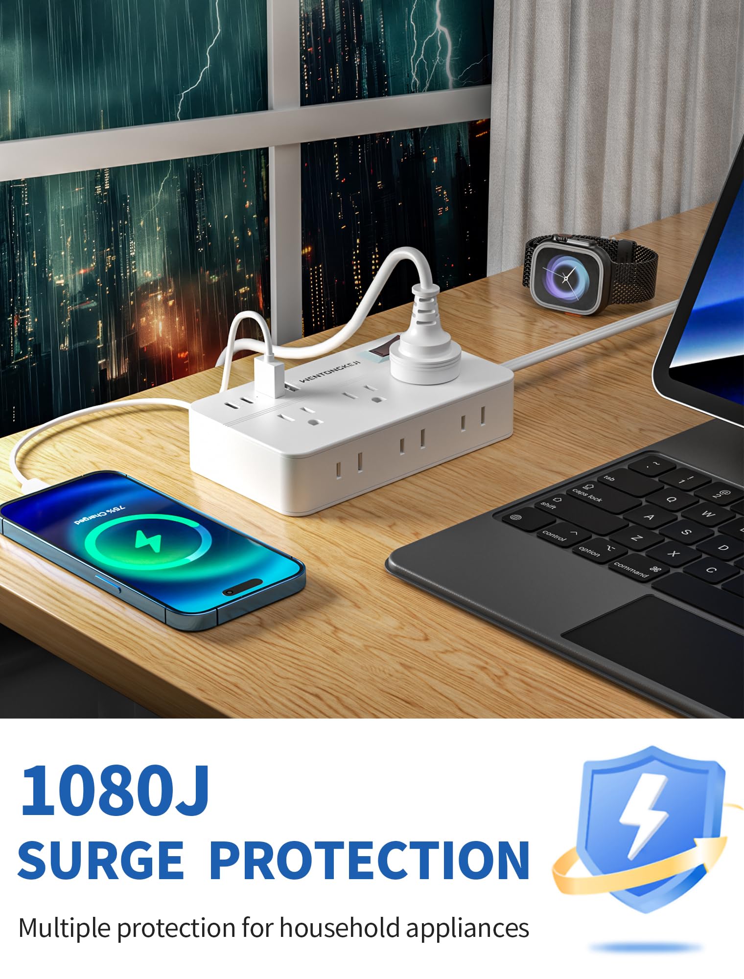 Steckdosenleiste mit Überspannungsschutz, 1,5 m geflochtenes Verlängerungskabel, Flachstecker mit 6 Ausgängen und 2 USB-A 2 USB-C-Anschlüssen, 1080 Wandladestation