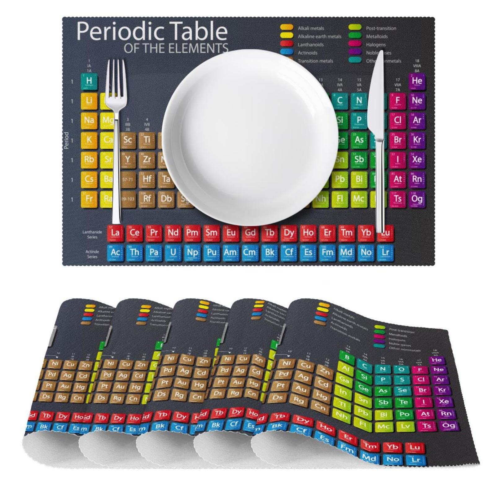 Tavola periodica degli elementi, set di 6 tovagliette all'americana, lavabili, antiscivolo, isolamento termico, per cucina, sala da pranzo, 45 x 30 cm