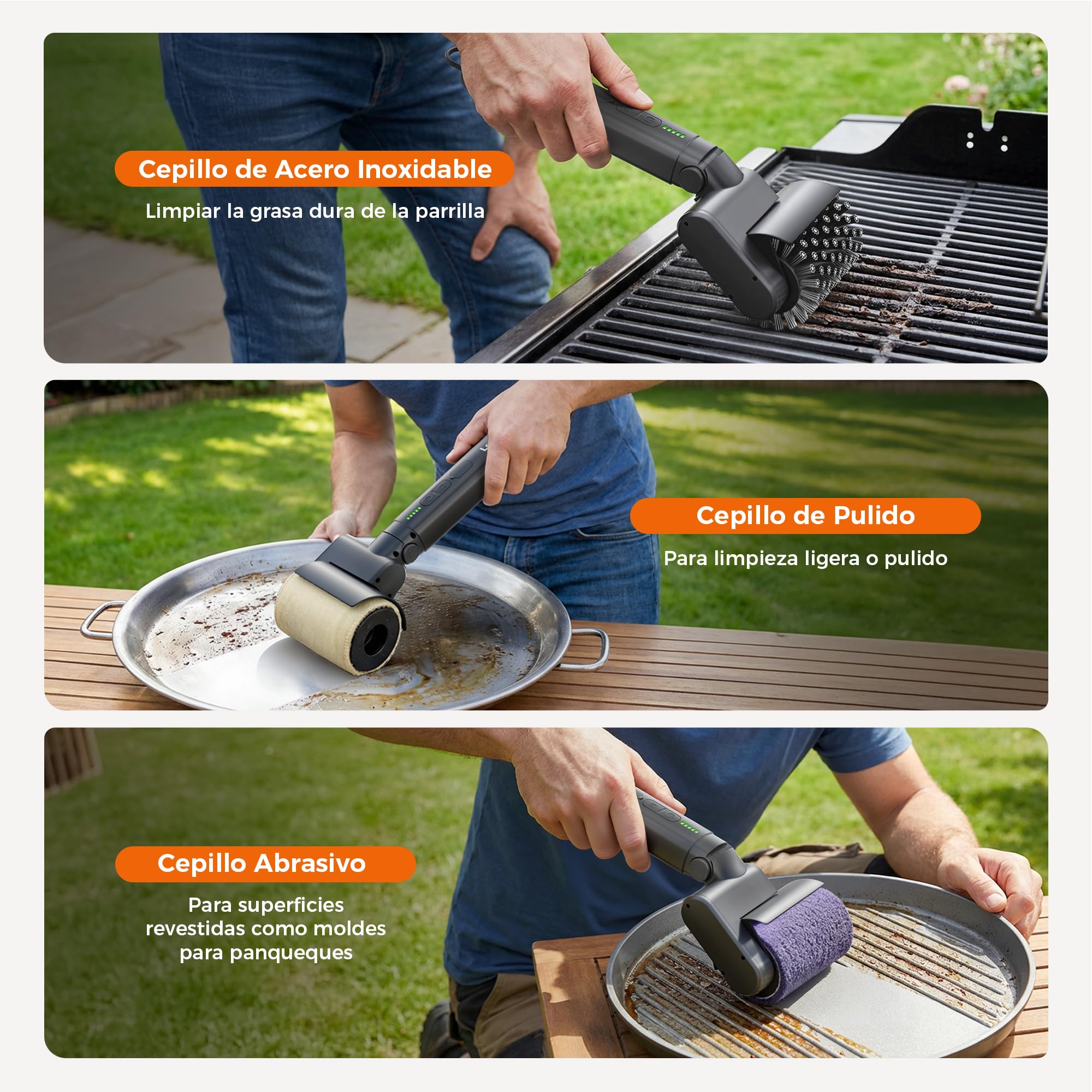 Leebein Cepillo Eléctrico para Barbacoa, 2026 Cepillo Electrico Limpieza Hogar 3 Velocidades & Ángulo Ajustable con 3 Cabezas, 150 Min de Autonomía, Resistente al Agua y Altas Temperaturas