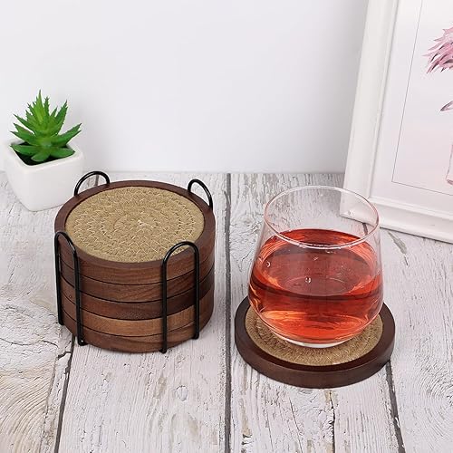 Miniatura 7 de Mckanti Paquete de 6 posavasos de madera para bebidas con inserto de posavasos de algodón, posavasos de madera con soporte para decoración de mesa