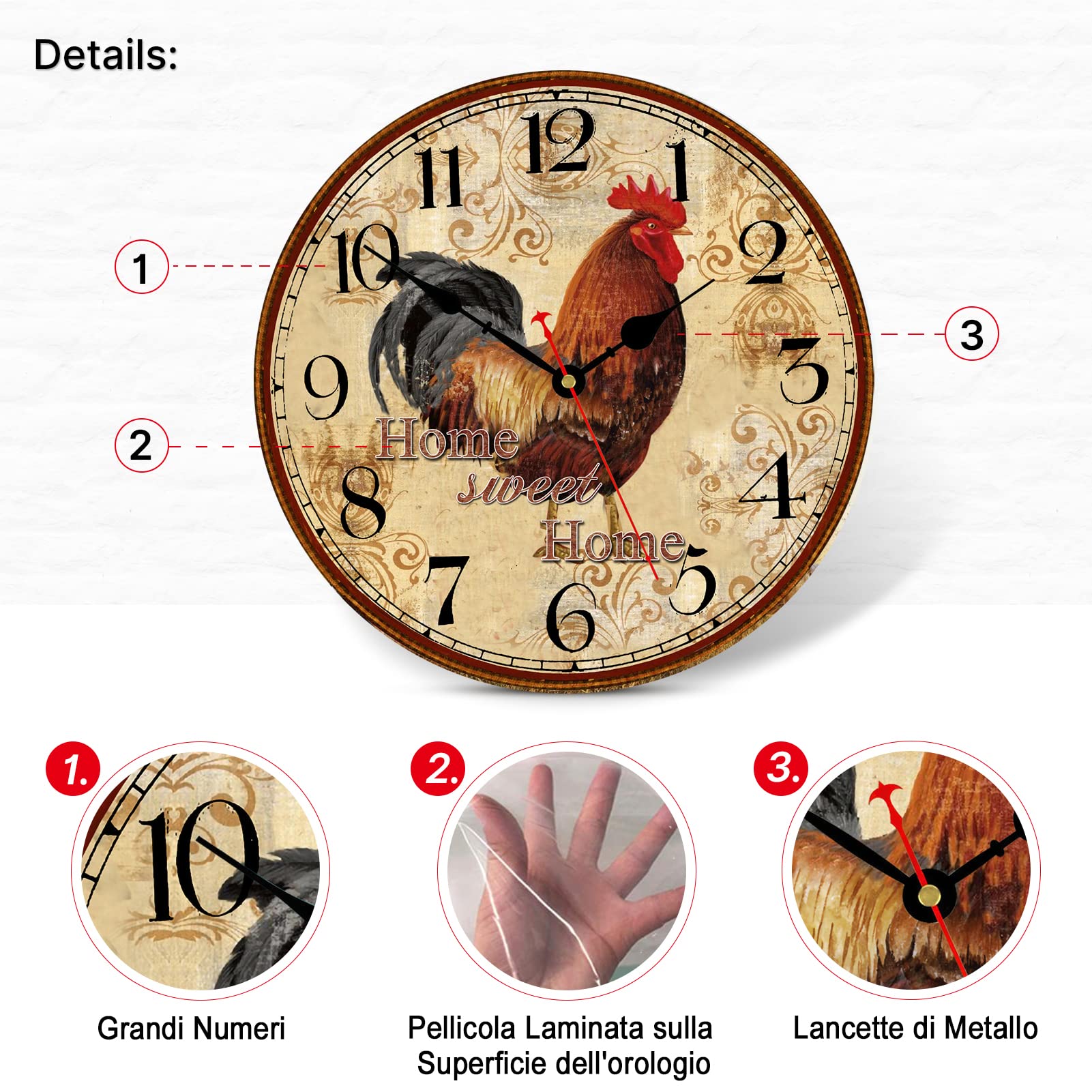 Orologio Da Parete Gallo Rustico 34cm - Quadrante Vintage Silenzioso, Batteria AA, Per Cucina E Soggiorno - Foto 2