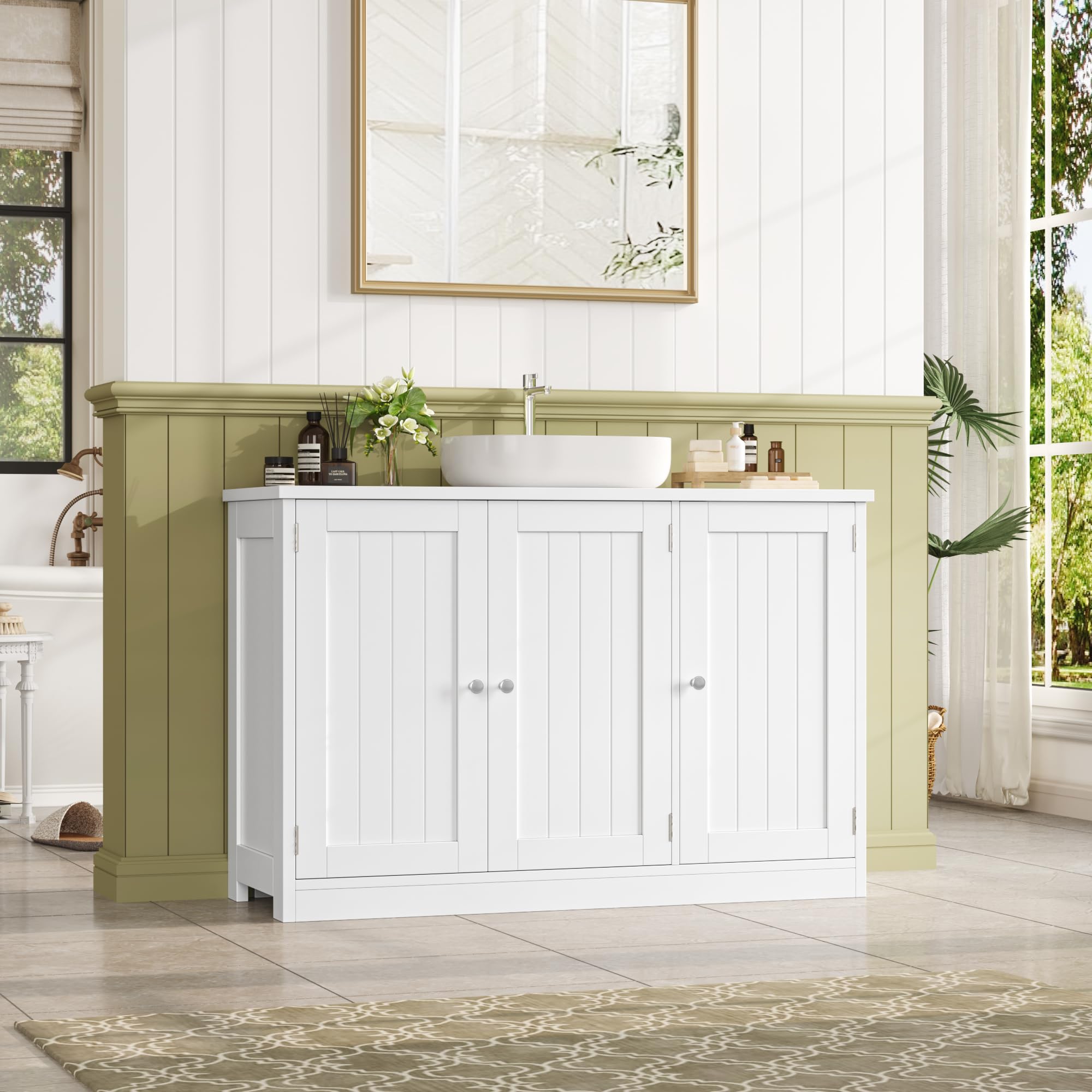 FOREHILL 90CM Mobile Sottolavabo per Bagno.Mobile Bagno con 3 Ante Bianco | Mobile Sottolavabo Grande a Ripiani Regolabili e Rimovibili,Scanalatura a Forma di U,per Bagno, Lavanderia 90x30x61.8 cm