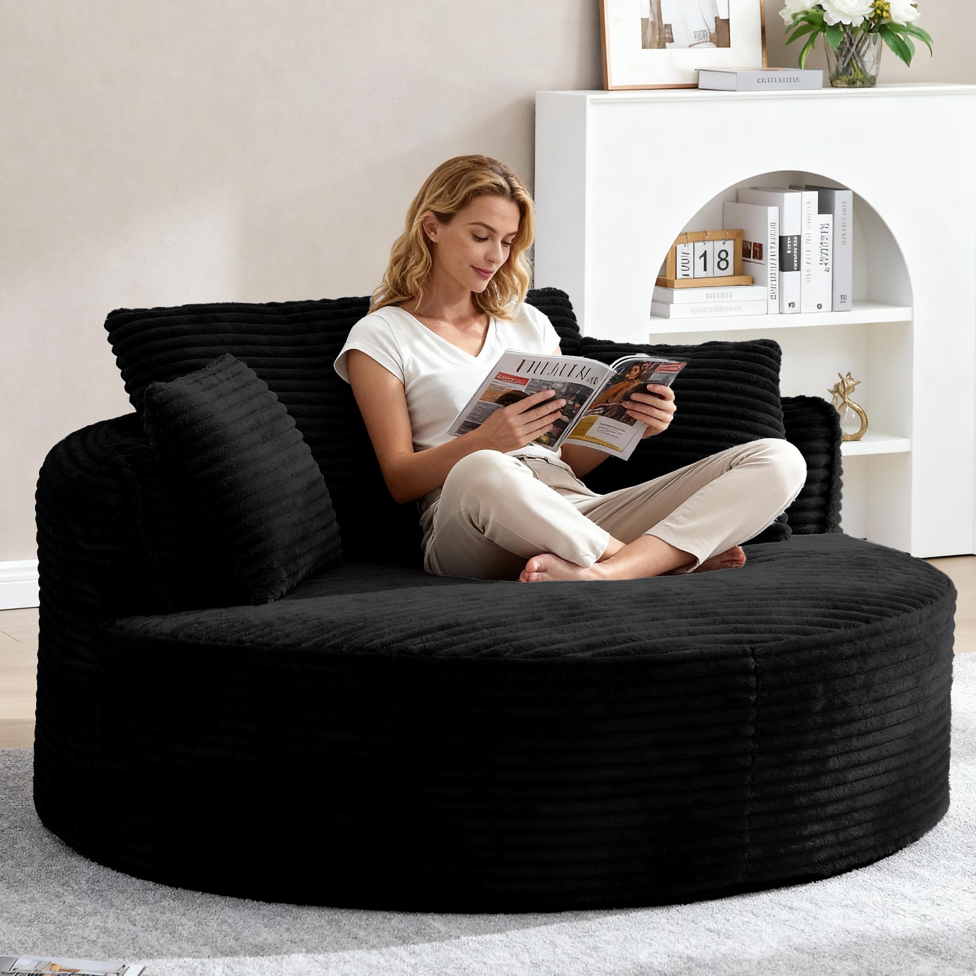 Oversized Round Chair Lounge Chaise Indoor, 53.5" Upholstered Corduroy Deep Seat Single Cloud Sofa Chair, Fluffy Modern Large Circle Boneless Sleeper Sofa for Living Room, Bedroom, Black