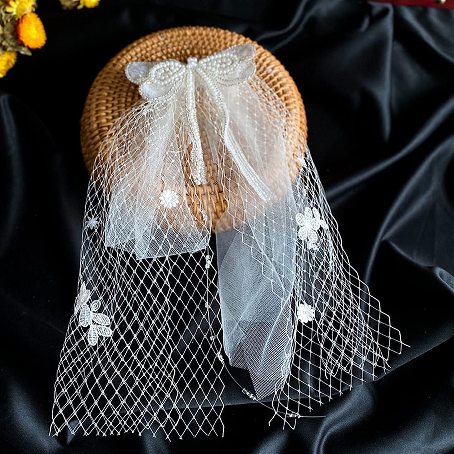 Bamutech Brautschleier, Schleierkamm, Brautschärpe, Set, Hochzeits-Kopfschmuck, Spitzenblüten, Schleife, kurzer Schleier, Make-up, Styling-Schmuck, Braut-Kopfschmuck, Hochzeitsschleier,