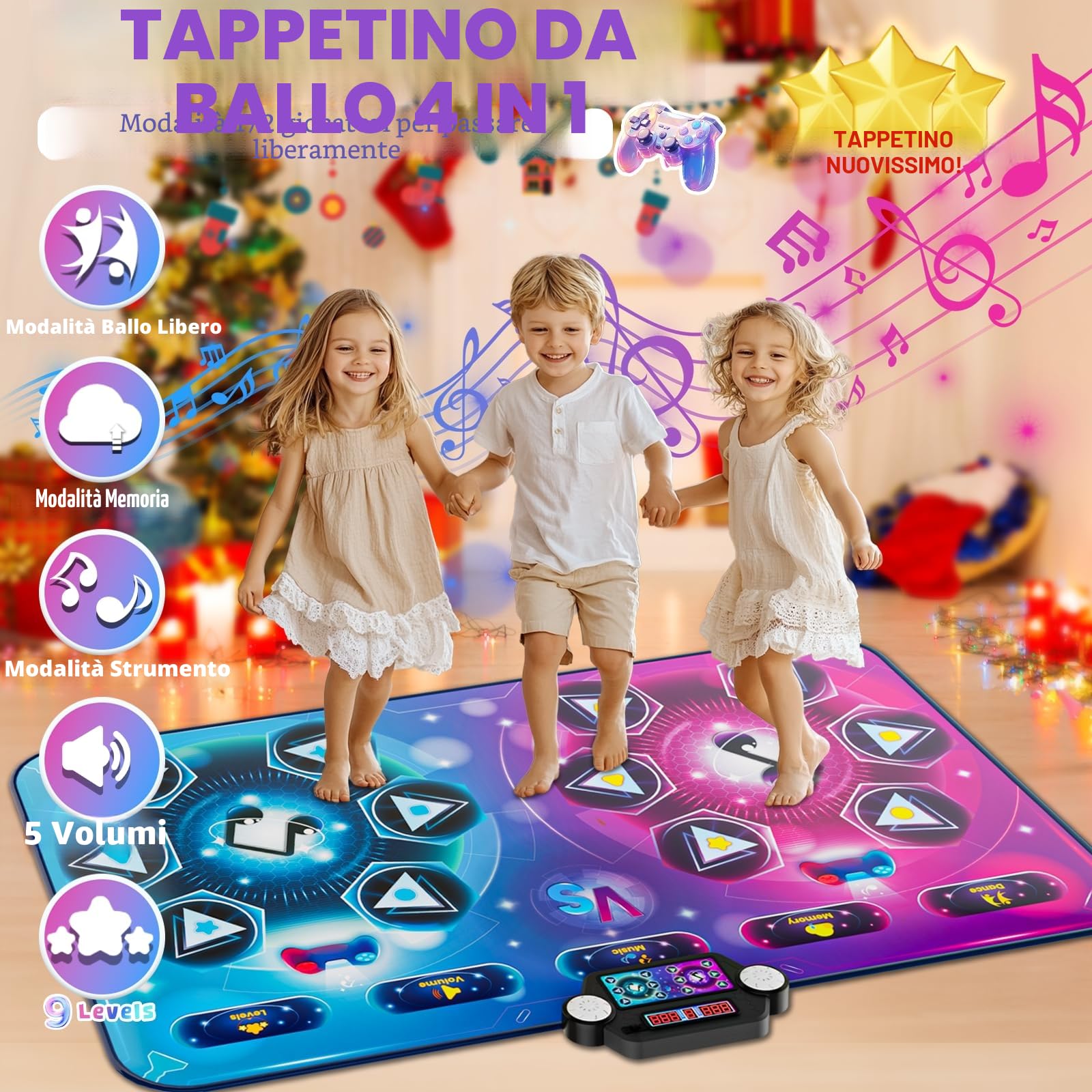 Tappetino da ballo per 2 utenti, elettronico, per giochi di danza, modalità 1 o 2 giocatori, tappetino da gioco, con scatola di batterie, a LED, per bambini e bambine 3-12 anni
