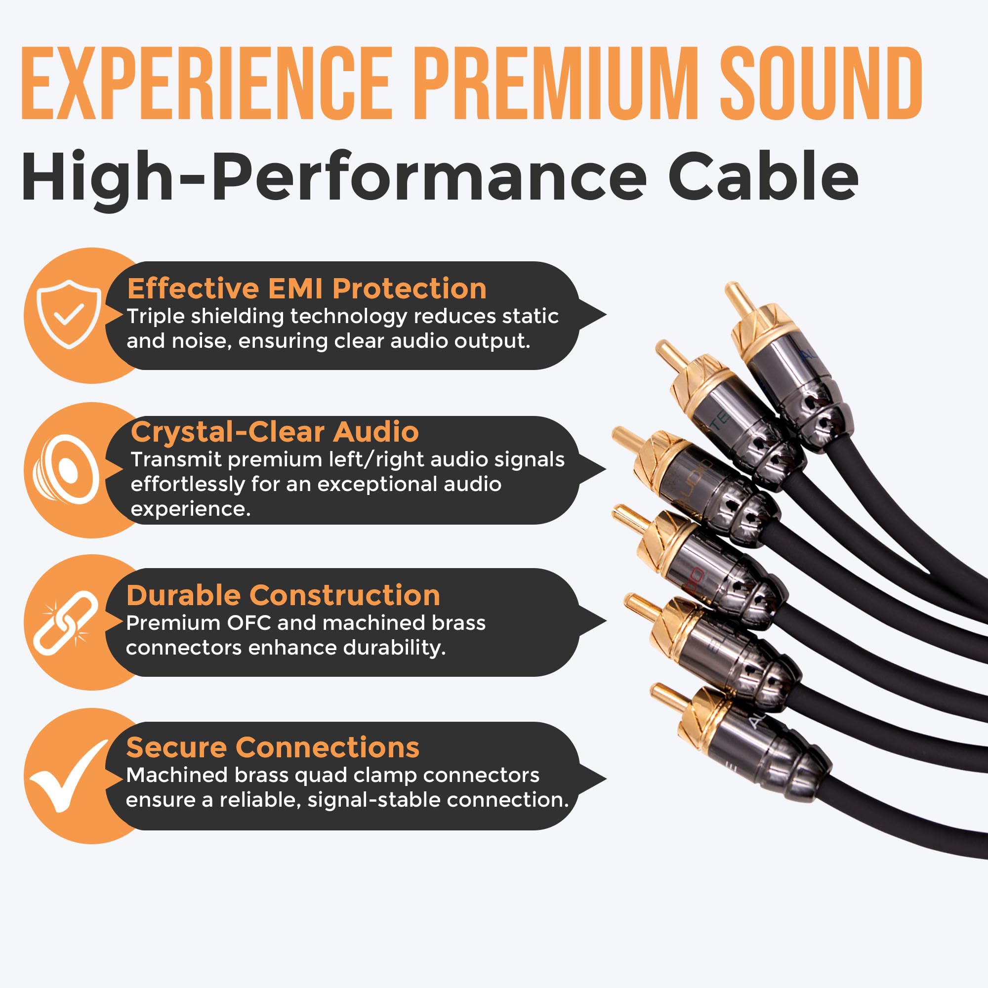 Elite Audio PRO 100% rame OFC 6 canali RCA Cavo di interconnessione audio stereo con tripla schermatura, connettori in rame a morsetto quadruplo e filo di rame per la migliore cancellazione del rumore