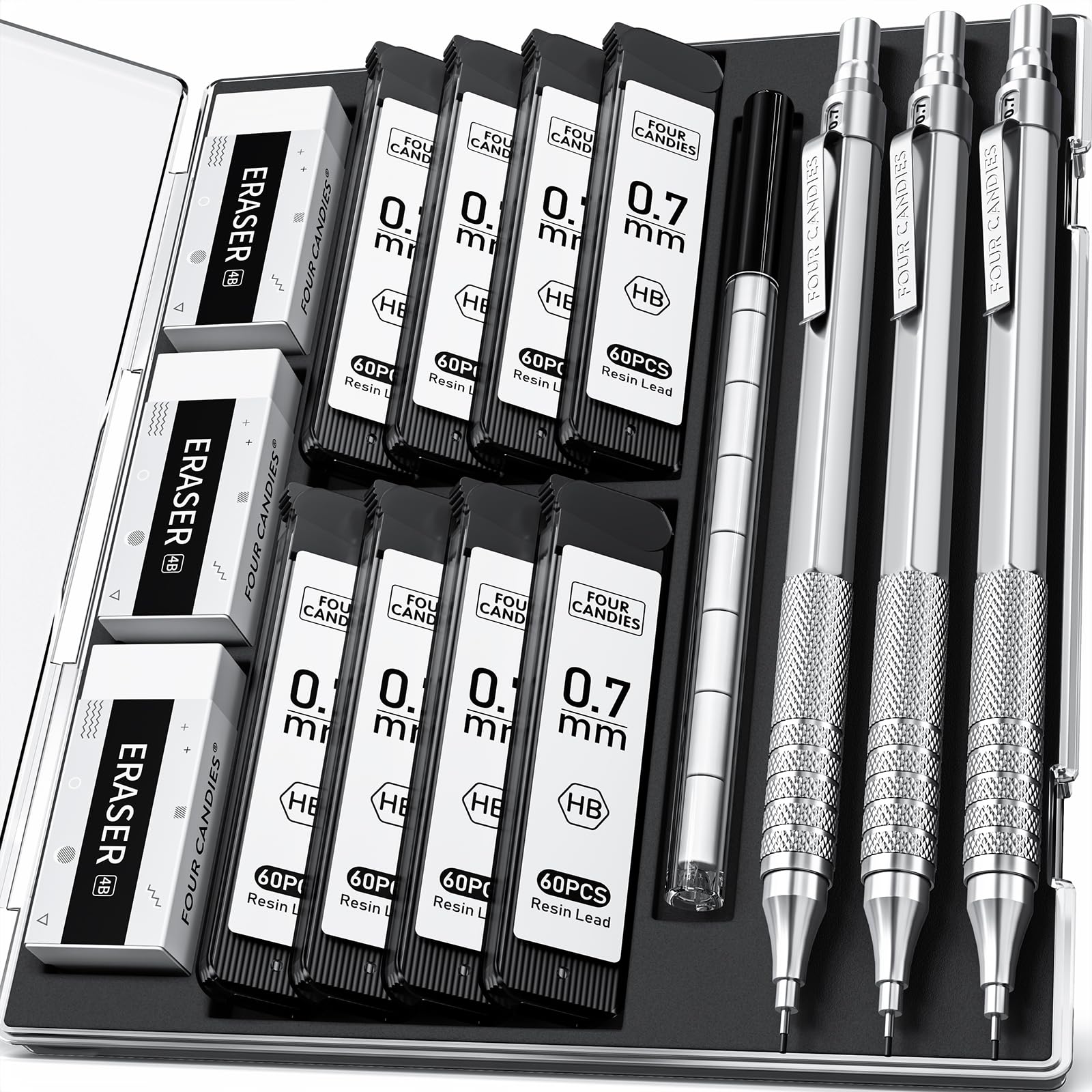 Four Candies Zestaw ołówków automatycznych 0,7 mm z etui, metalowy ołówek artystyczny z 8 tubkami (480 sztuk), wkłady HB, 3 gumki do ścierania, 9 wkładów do ścierania, inżynierów, pisanie, rysowanie,