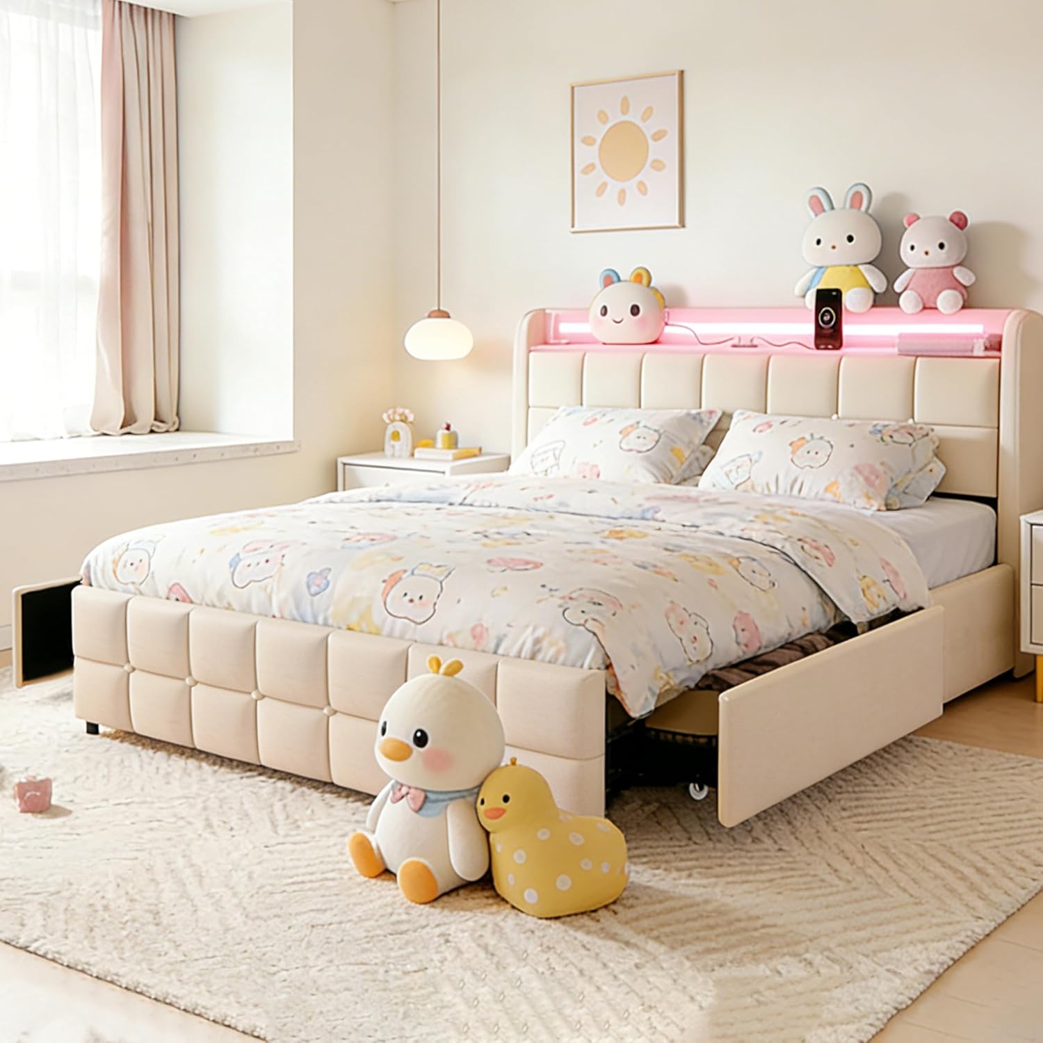 Juego 3 in 1 Queen Bed Frame with RGB LED Light, Socket & USB & Type-C Charging Station,4 Drawers, Wooden Slats, Upholstered Bed, Noise-Free, No Box Spring Needed (Beige, Queen (U.S. Standard))