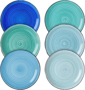 vancasso Bonita Blue Salad Plate Set of 6, 7.5 Inch Ceramic Dinner Plate, Dishwasher and Microwave Safe | Handpainted Dinner Plates with a Rustic Look, Perfect for Dessert, Salad, Fruit, or Snack, Cool Color(18.8 * 18.8 * 2.2cm)