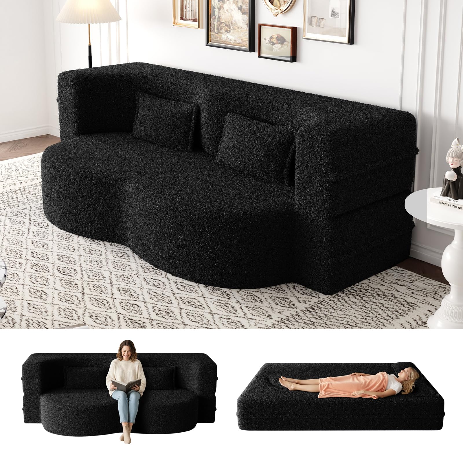 CAPCAEK Folding Sofa Bed,15" Full Size Boneless Couch for Living Room, Teddy Fabric Foam-Filled, Convertible Loveseat Sleeper Sofa Bed (Black-Teddy)