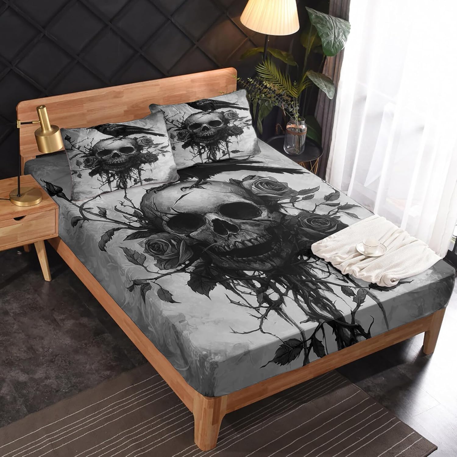 Skull Sheets - Cal King Sheet Sets - Gothic Crow Bed Sheet, Soft Microfiber & Deep Pocket & Lightweight Patterned Bedding Sheets & Pillowcases - Skull Decor & Gifts