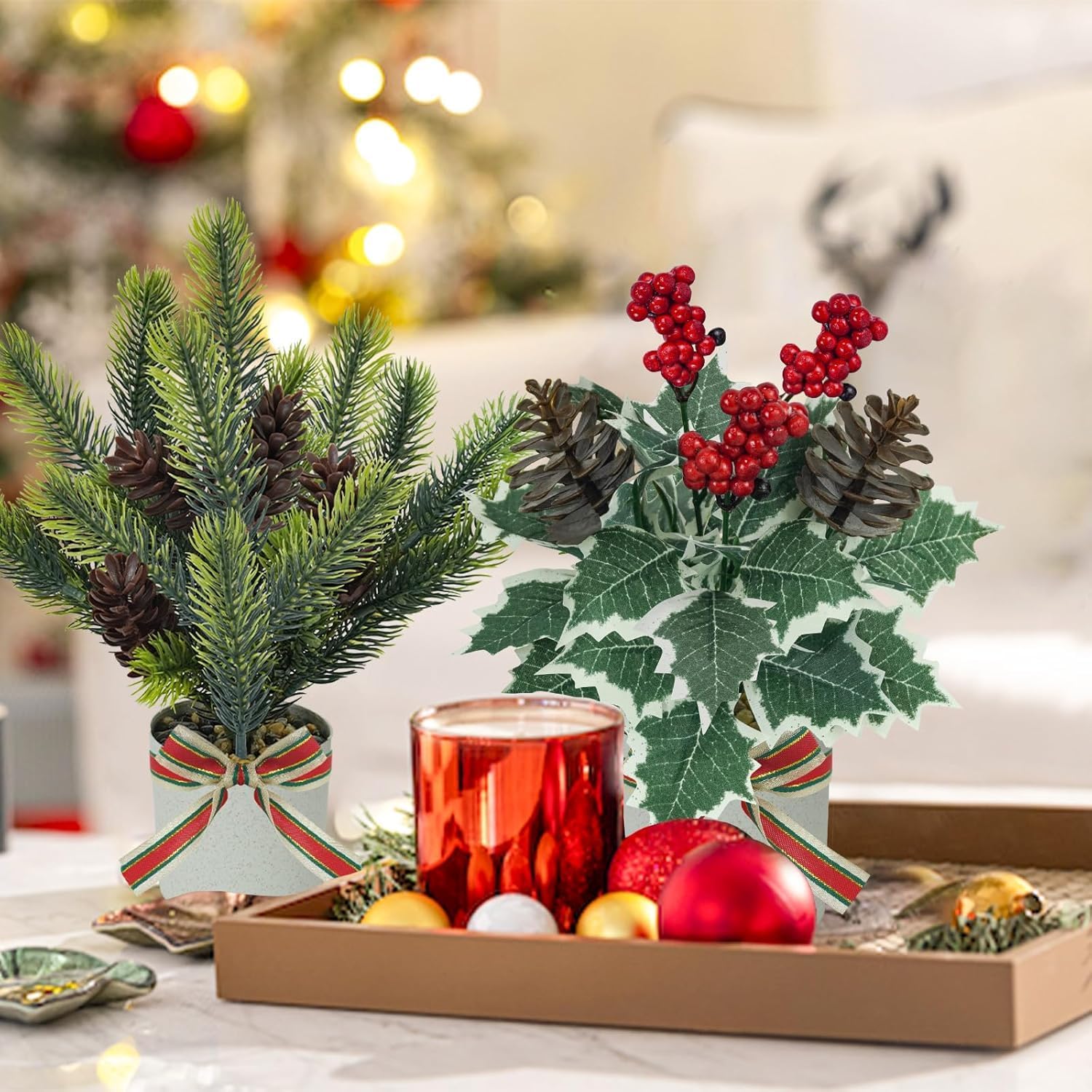Uieke 8 Pack Small Christmas Fake Potted Plants Tabletop Mini Christmas Centerpiece Indoor for Winter Floral Arrangements Home Wedding Office Mantel Shelf Xmas Decor