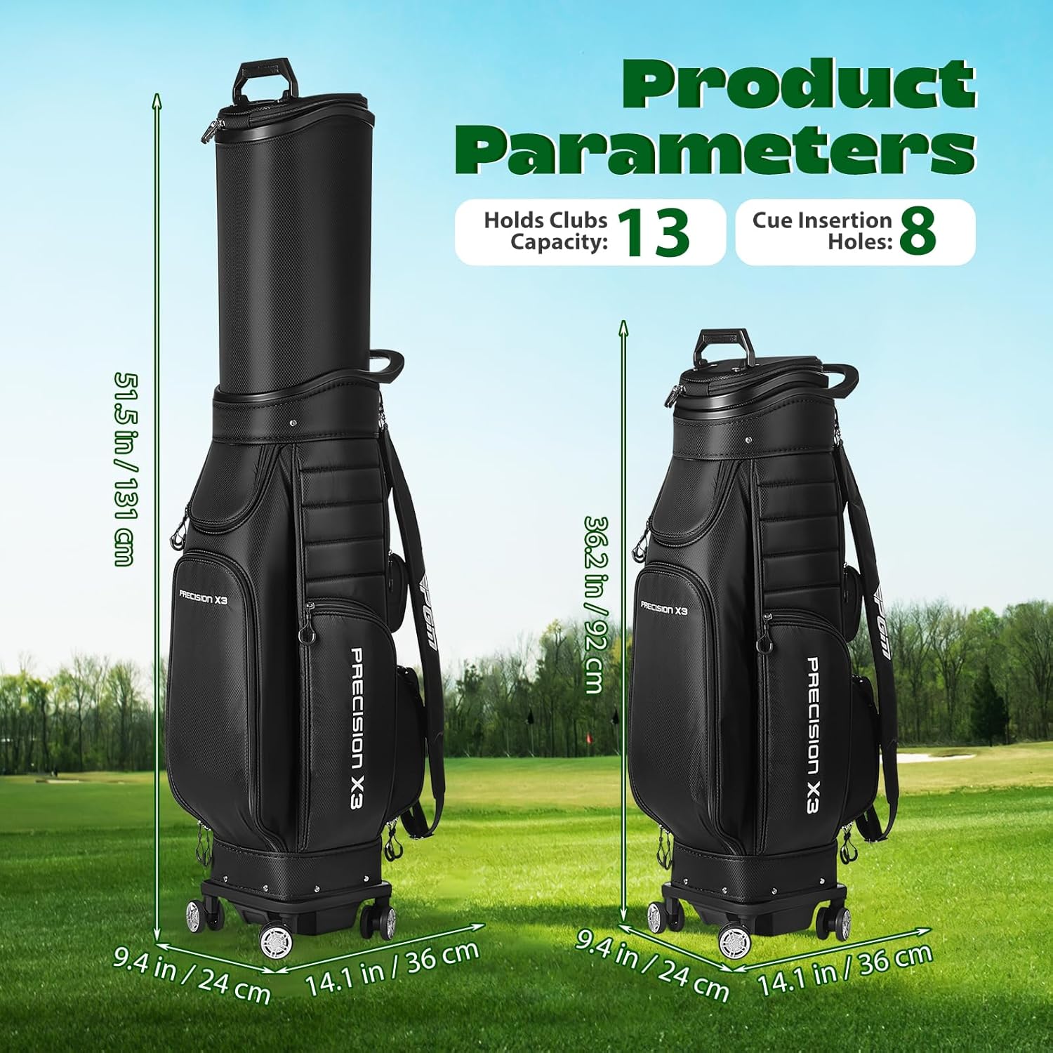 Retractable Golf Travel Bag with 4 Spinner Wheels, Durable Nylon Golf Cart Bag for Air Travel, 8-Way Full-Length Dividers for 13 Clubs, Telescopic Hard Shell Top Push Bag with Rain Cover for Men