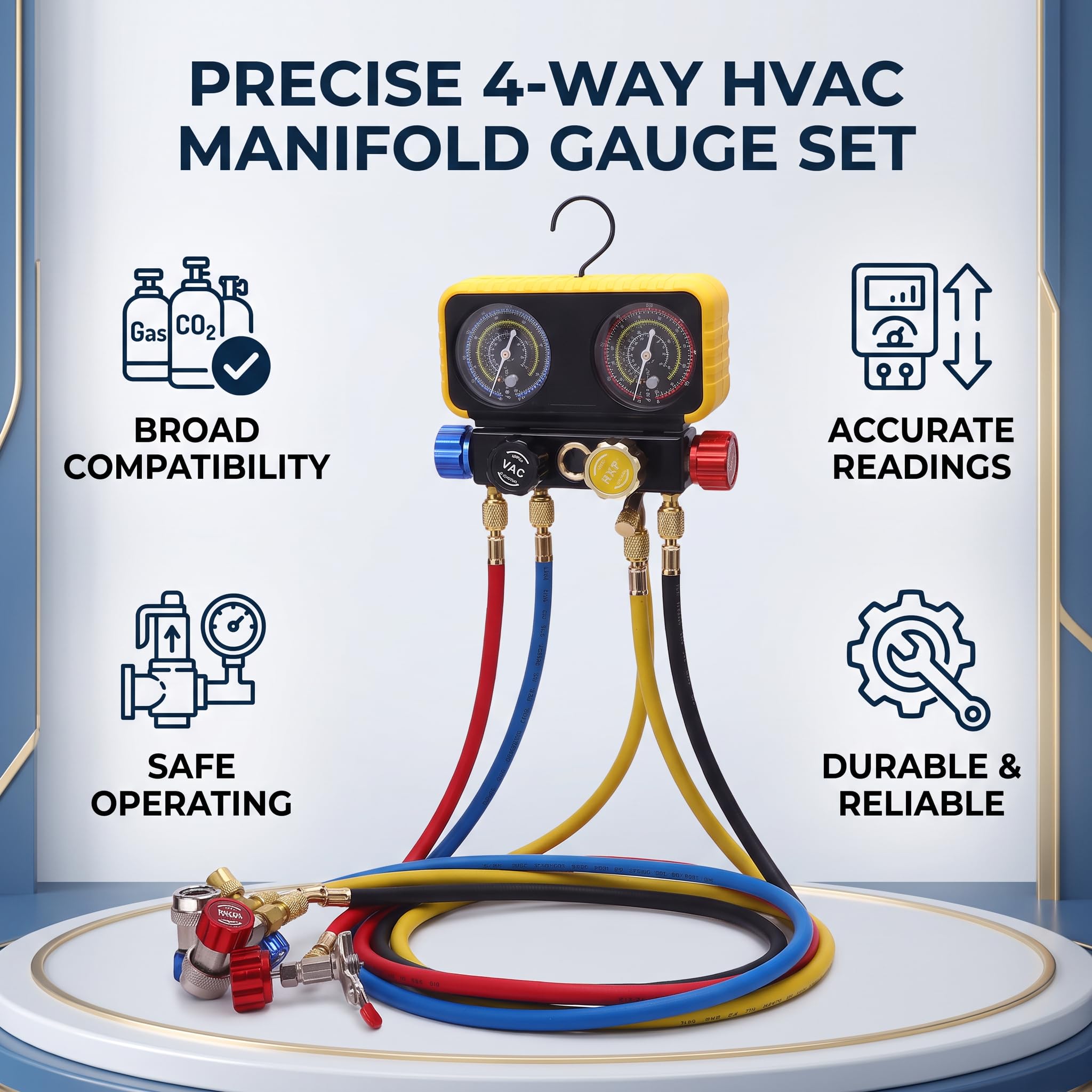 AUNMAS Manometry HVAC z Wężami, Mosiężny Zestaw 4-kierunkowych Kolektorów Prądu Przemiennego do R410A R32 R134A R22, od 0 do 500 PSI i od 0 800 PSI, Zawory Bezpieczeństwa dla Techników HVAC i