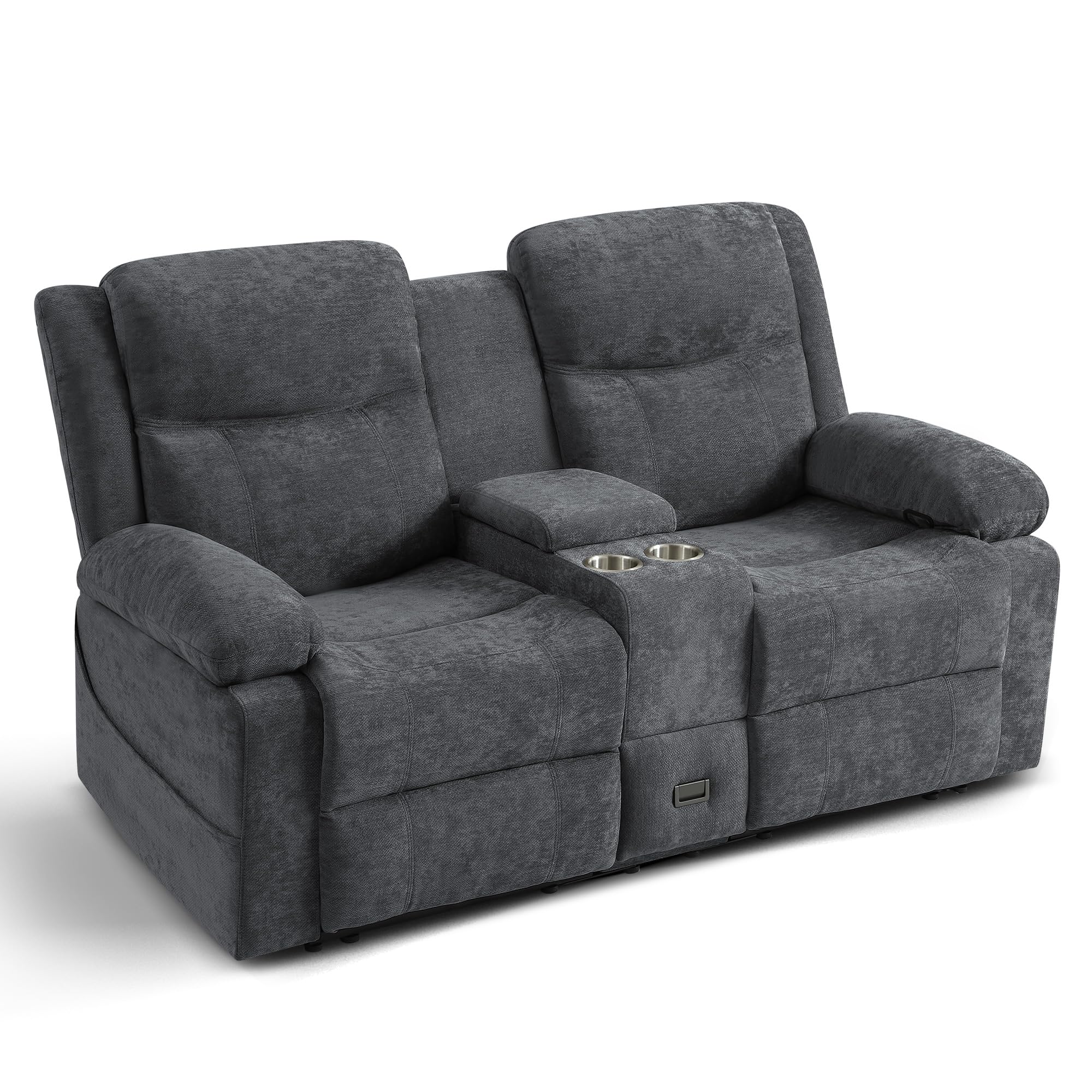 2er Kinosessel Relaxsessel mit Liegefunktion, 2 Sitzer Fernsehsessel TV Sessel mit Konsole, Steckdose und Schublade, zweisitzer Sofa mit Chenille-Optik für Wohnzimmer (Grau, 175 cm Zweisitzer)