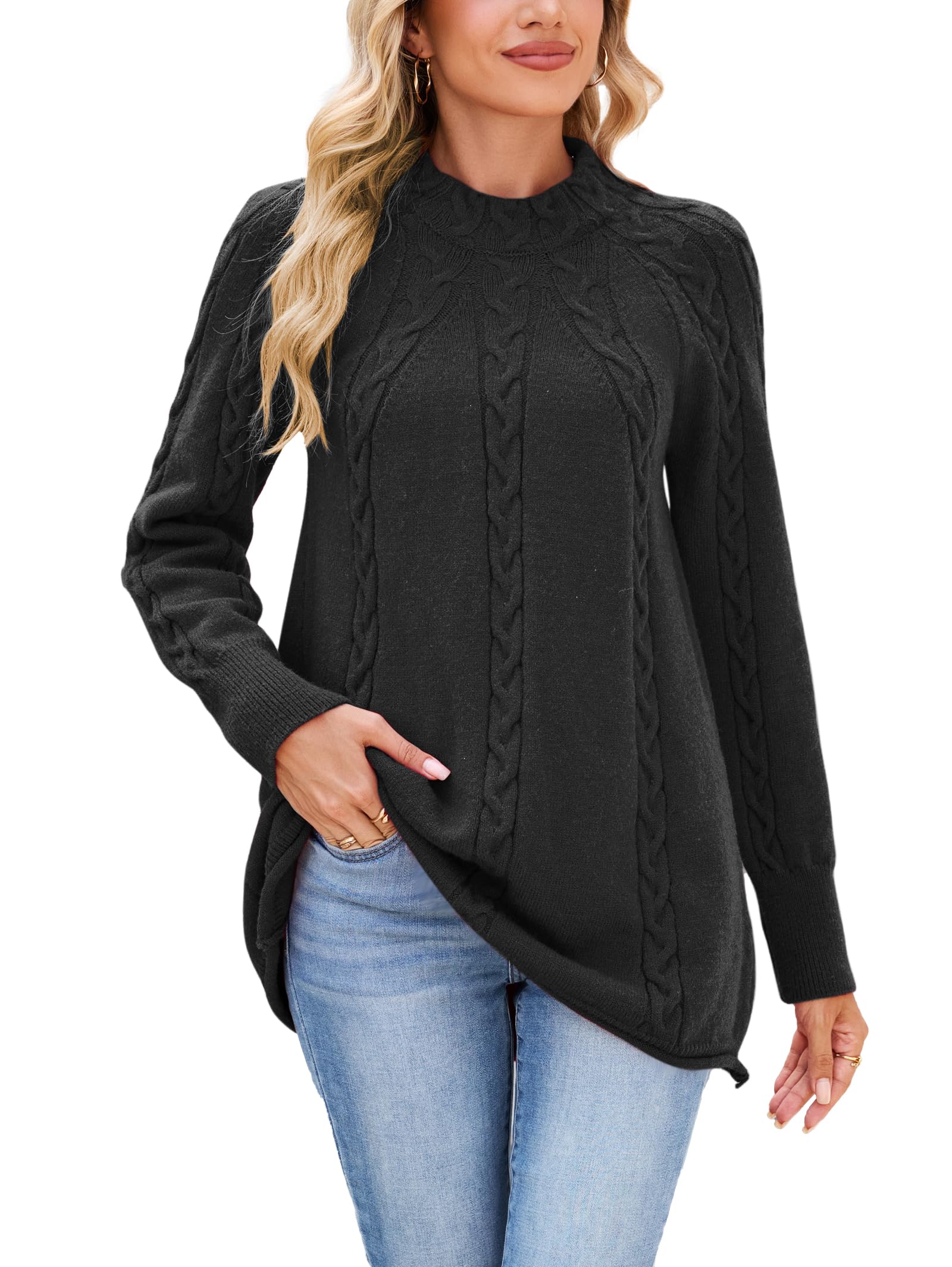 Famulily Schwarzer Pullover für Frauen Mock Neck Kabel Sweat