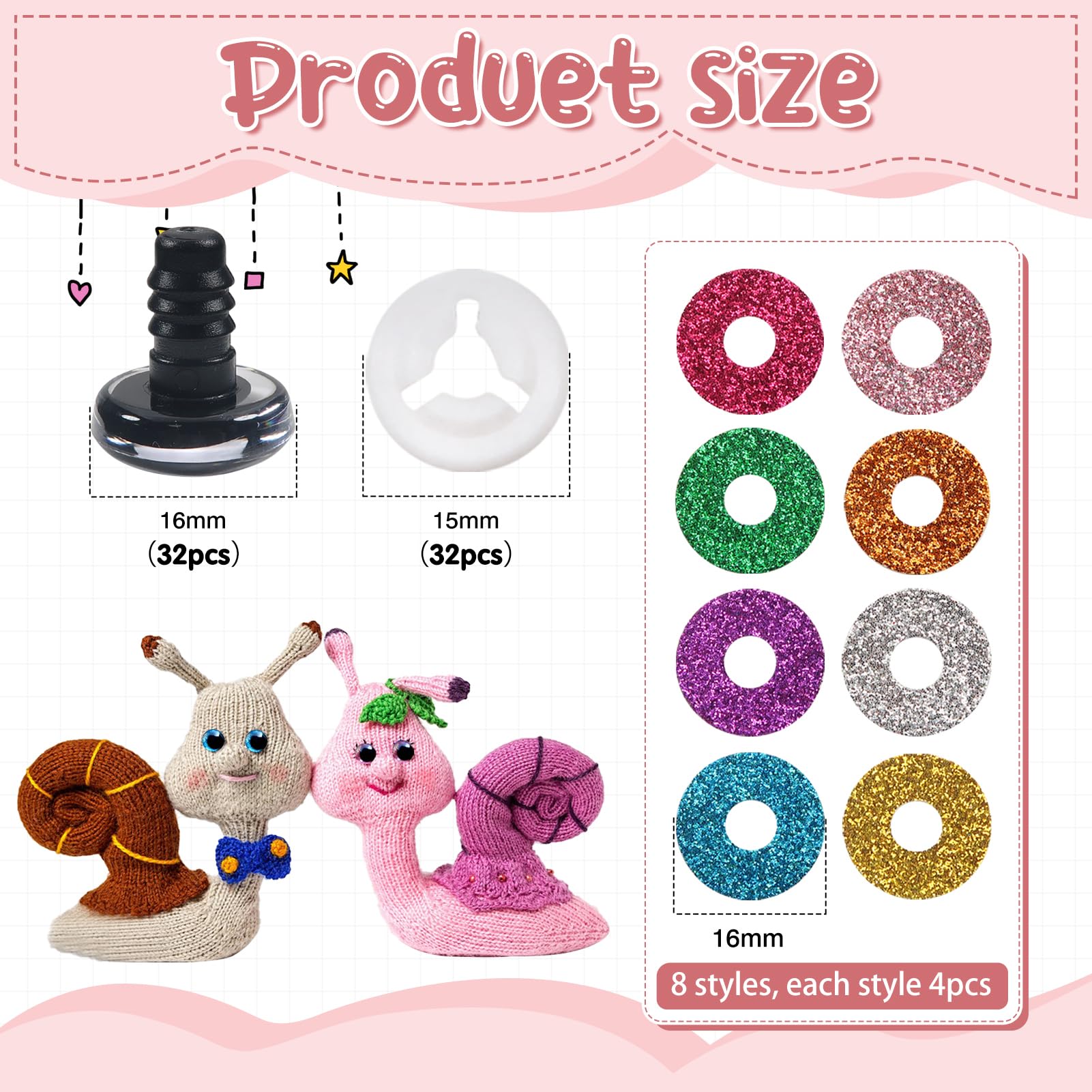 TOAOB 32 Sets Glitter Safety Eyes 16mm Large Plastic Coloured Crochet Eyes with Washers for Amigurumi Craft Making DIY Puppet Animals - Image 2