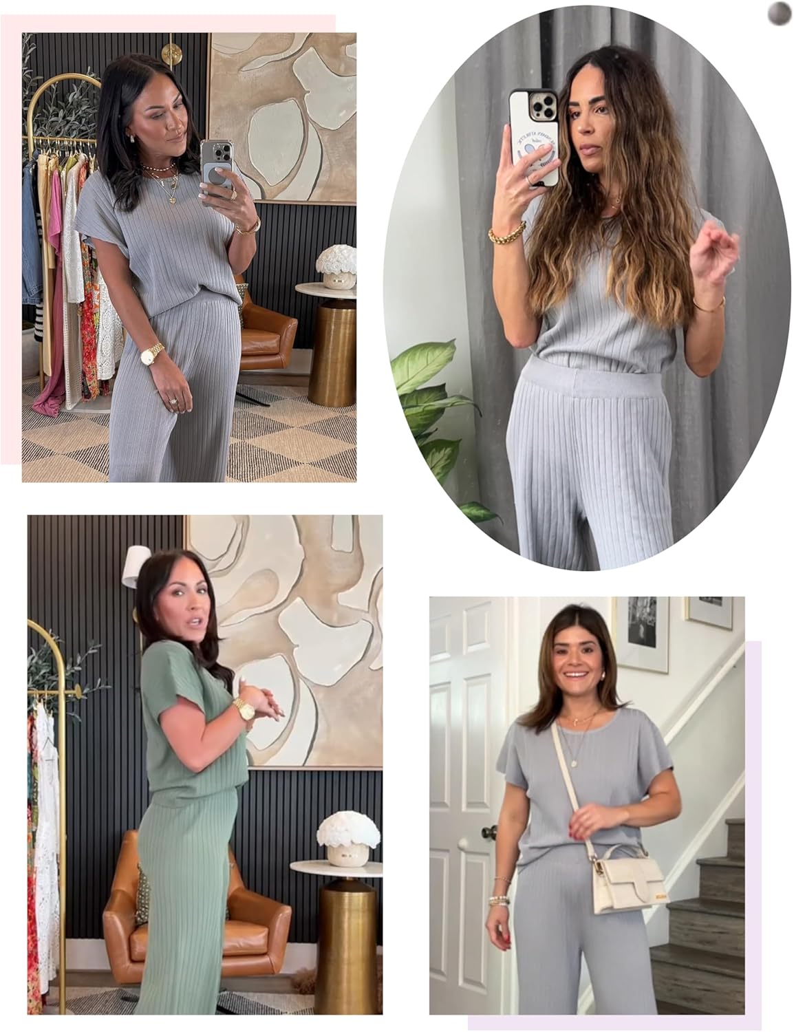 Women's Casual Two Piece Set Crewneck Short Sleeve Ribbed Knit Tops Wide Leg Lounge Outfits - Image 4