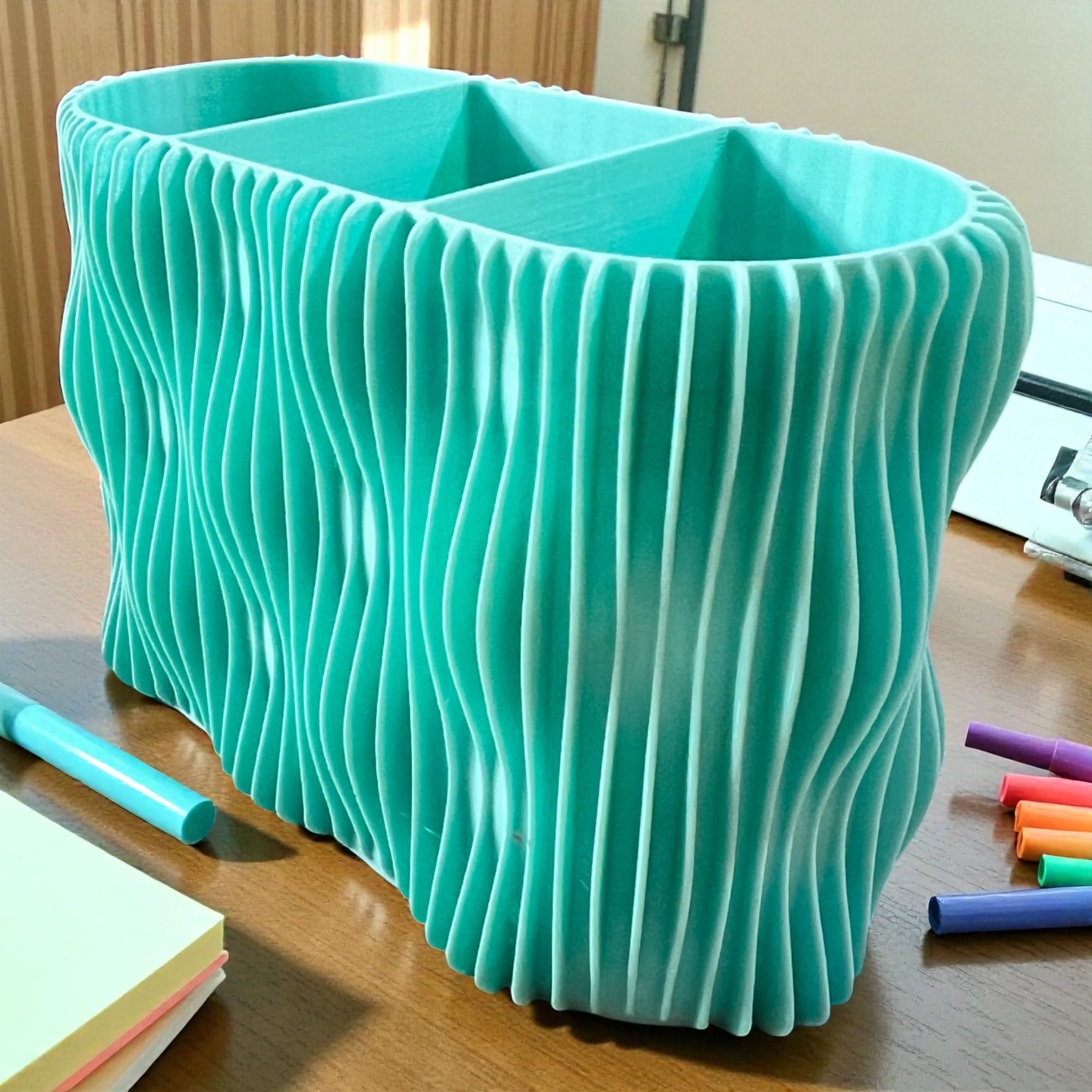 Sentosa Modern Wave Design Pen Stand Organizer - Multi-Compartment Desk Organizer for Office, Home & Study Table | Stylish Stationery Holder for Pens, Pencils, Scissors, Etc (Teal Blue) 3